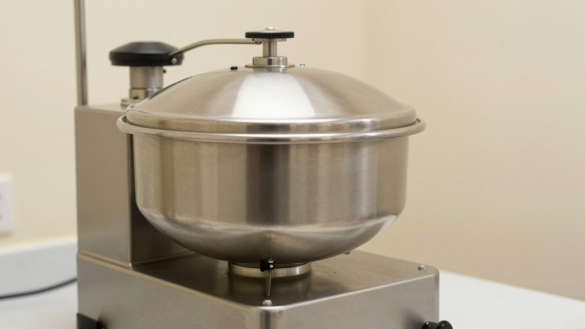 Italian pasteurizer machine close-up with polished stainless steel control panel