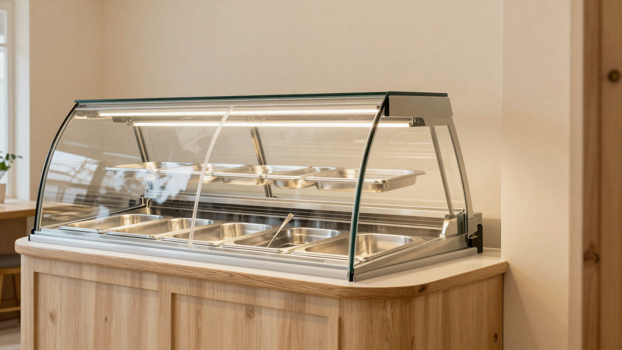 Vertical italian gelato display showcase with empty stainless steel pans behind curved glass