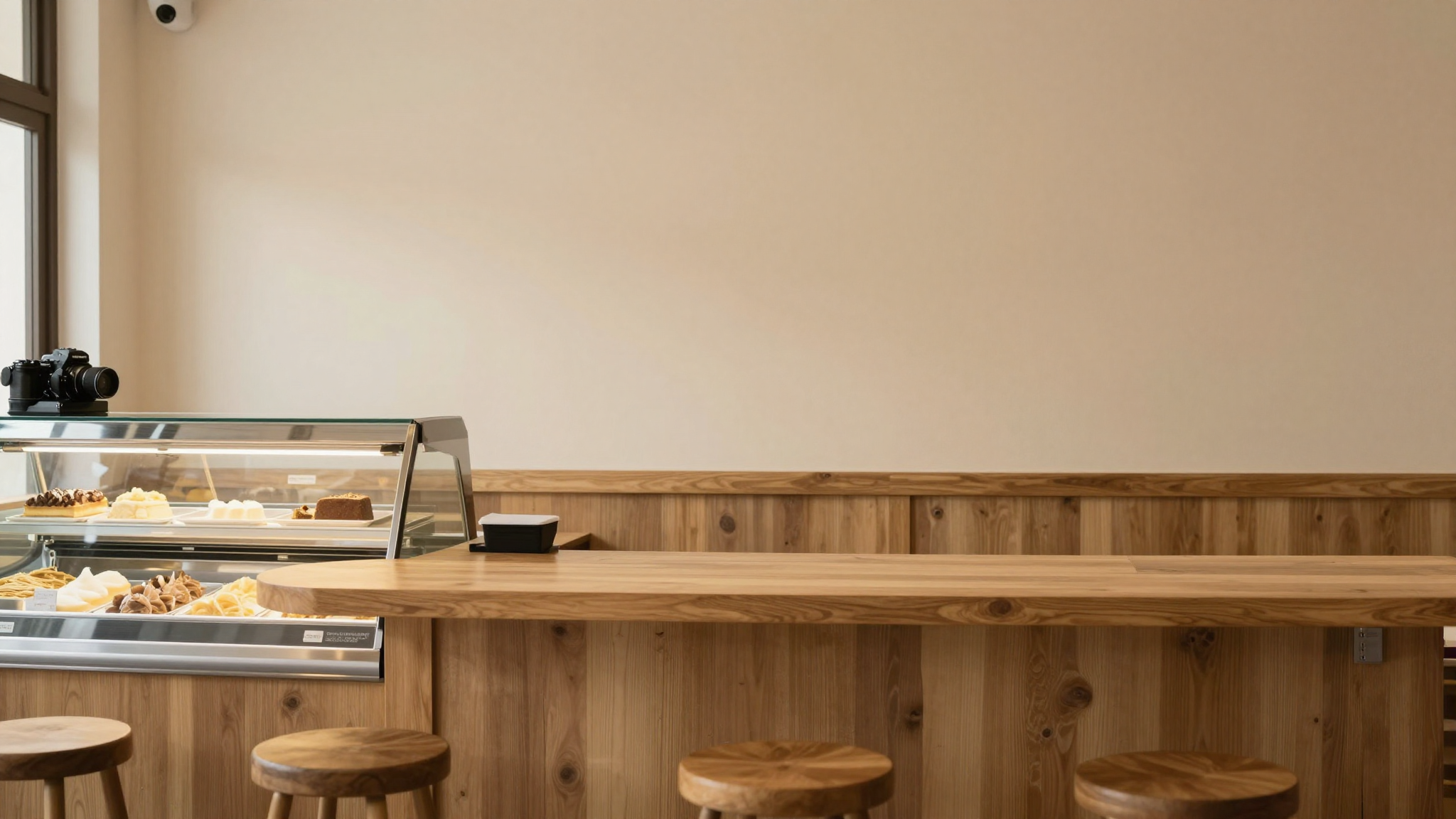 Warm artisanal gelateria interior with counter and stools