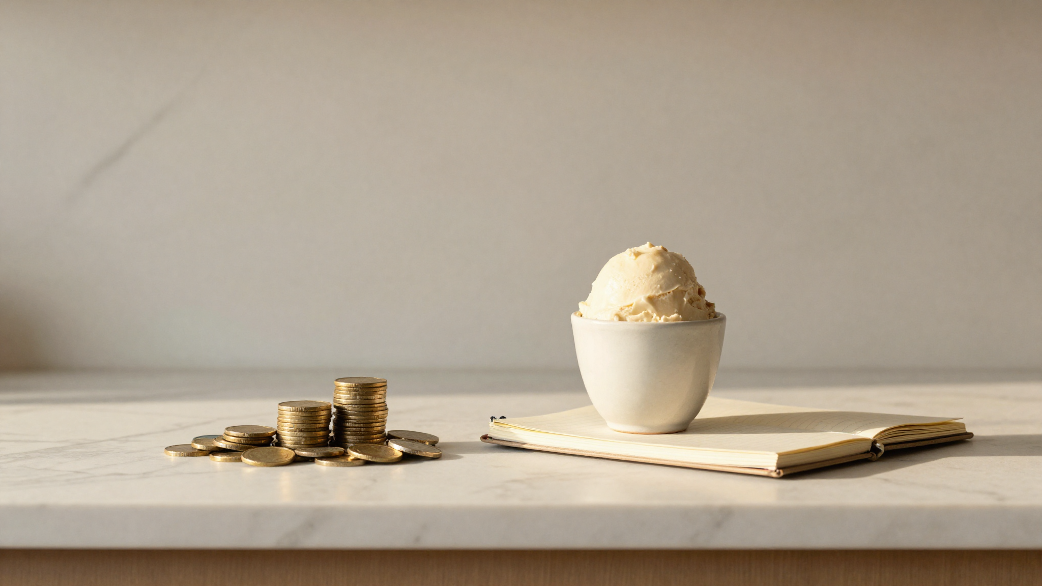 Coins and a notebook beside a gelato cup, cost planning still life