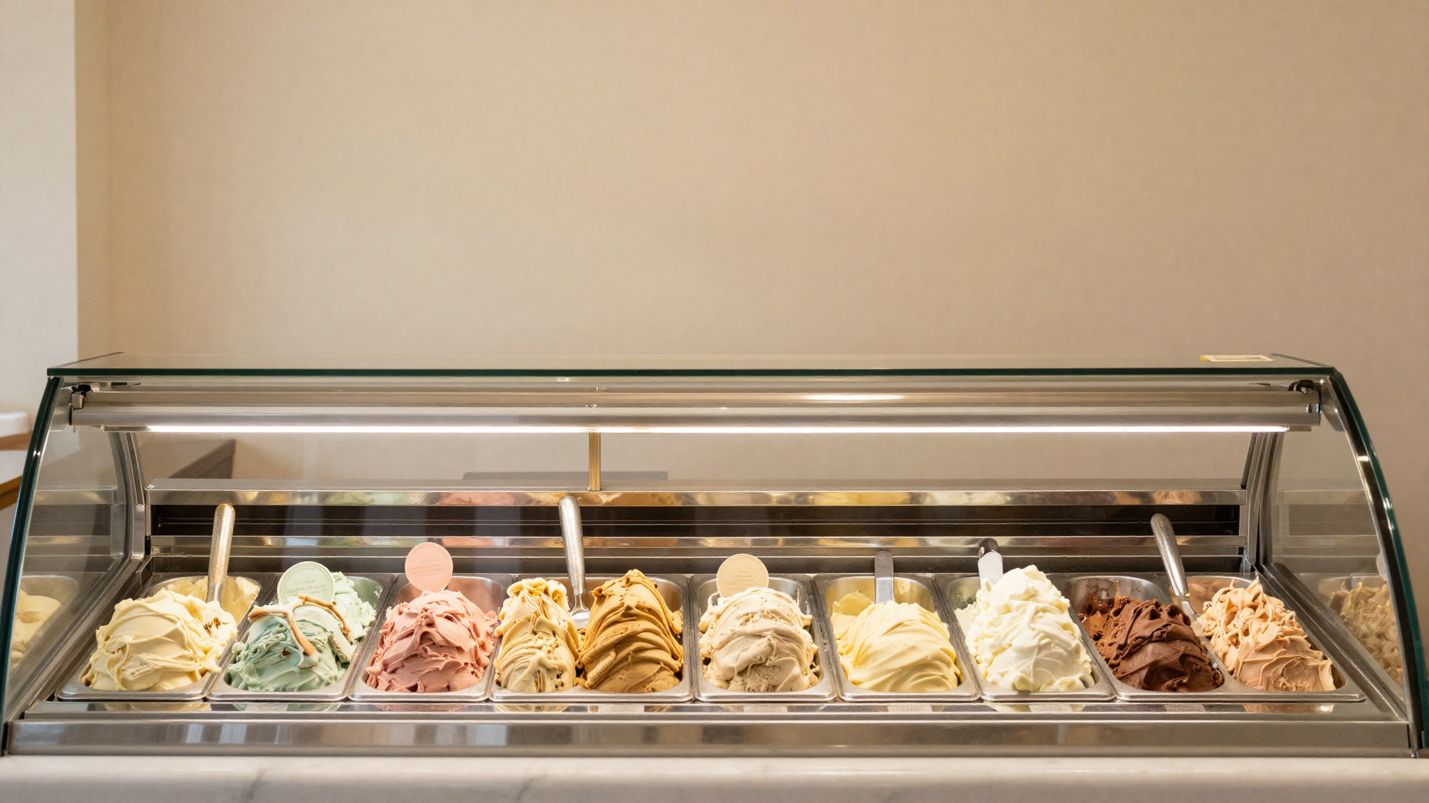 Colorful gelato display case full of artisanal flavors