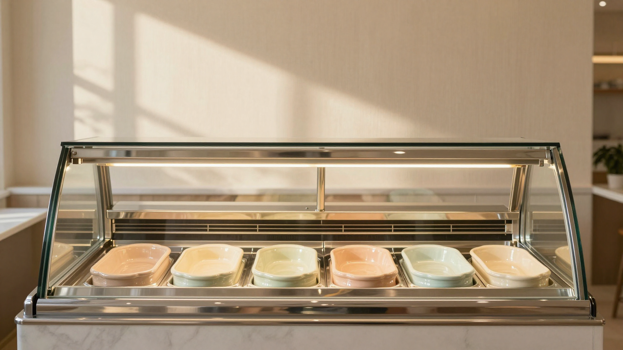 Polished stainless steel gelato showcase display case in a refined italian gelateria