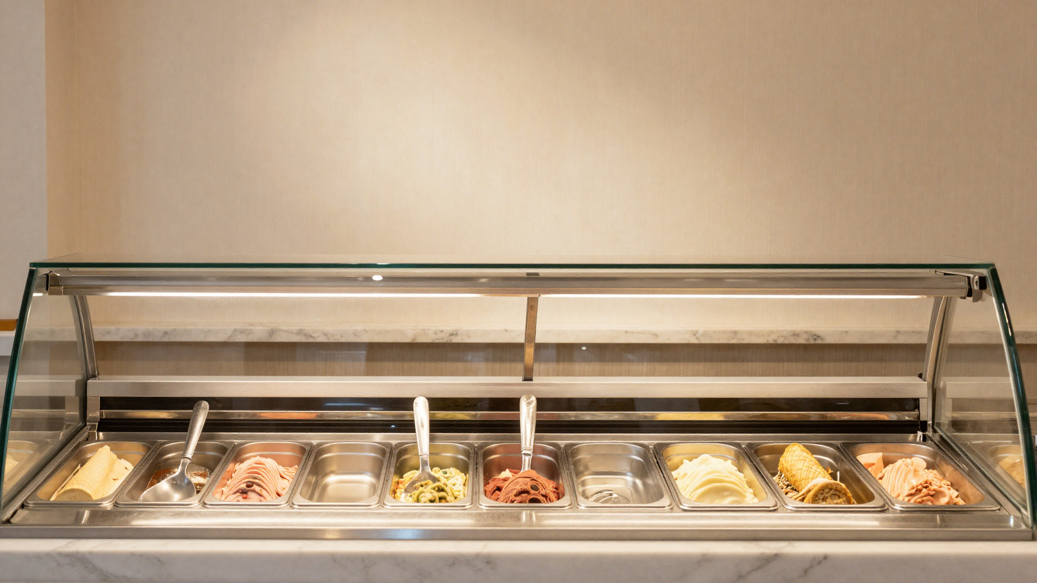 Interior of an italian gelato showcase display, beautifully arranged colorful empty stainless steel gelato pans in neat rows under warm LED lighting