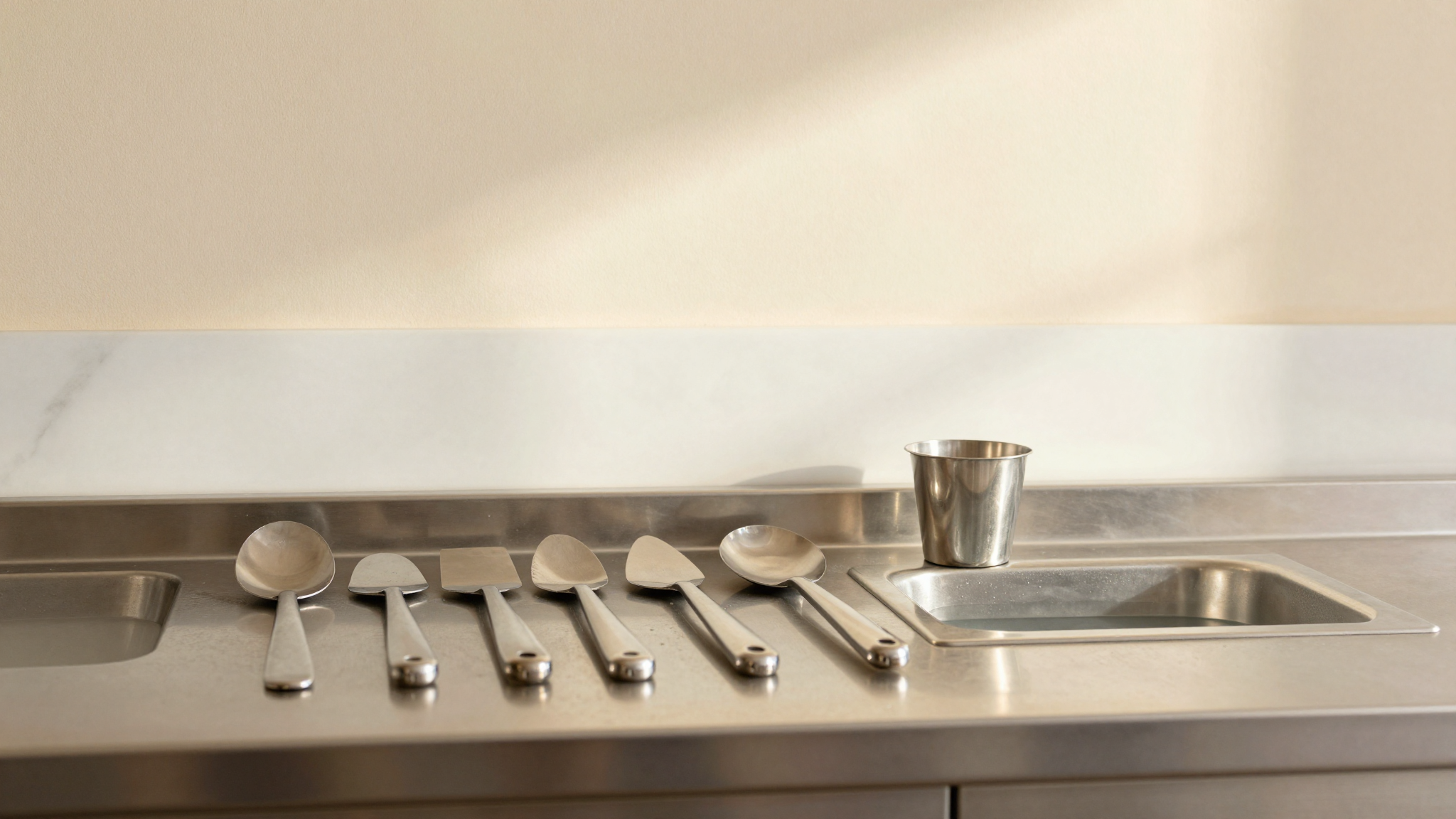 Stainless steel gelato spatulas and serving paddles arranged on a sanitized steel counter in a clean Italian gelato lab