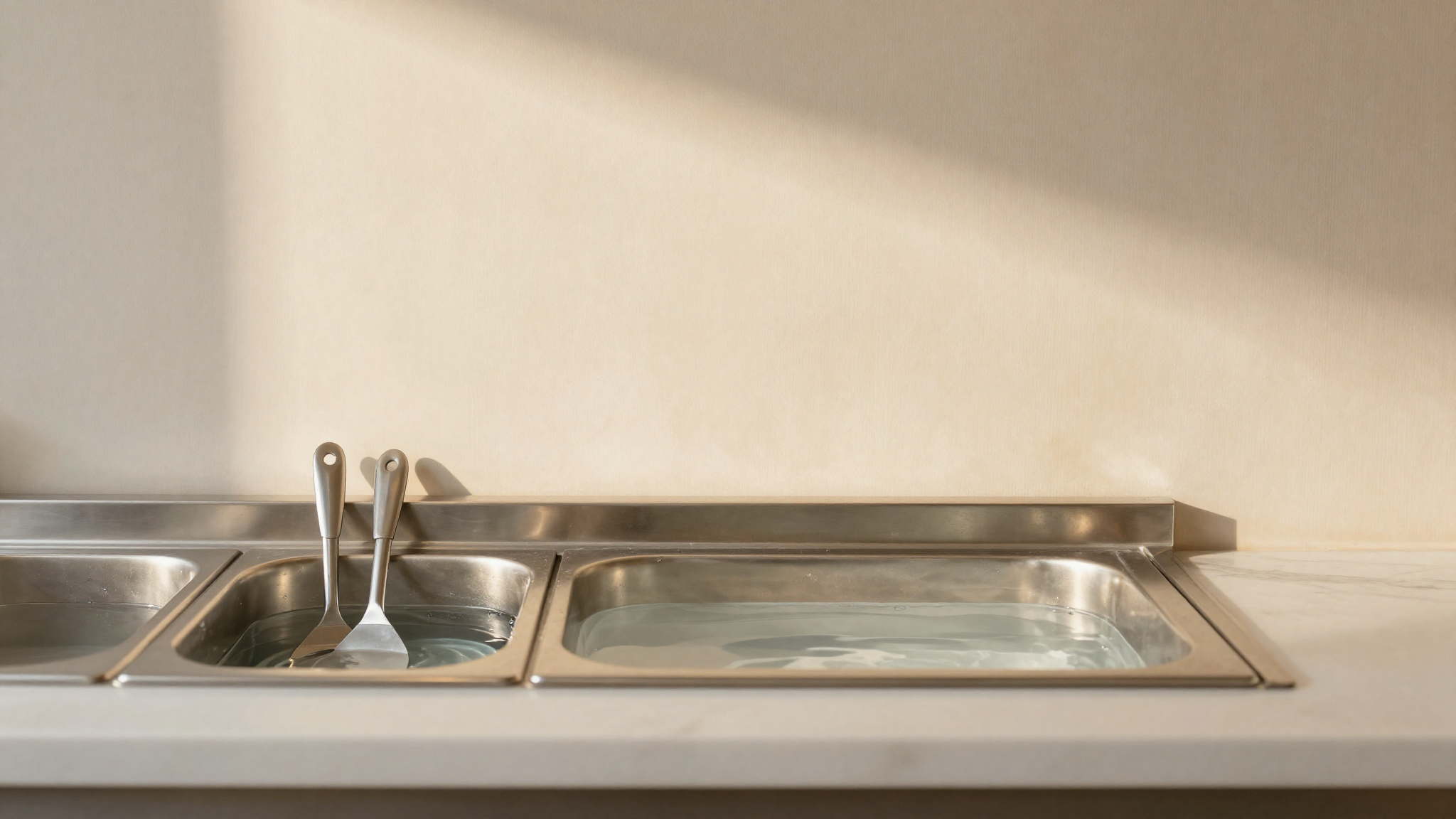 A clean stainless steel gelato service station with spatulas standing in a rinse well of clear water