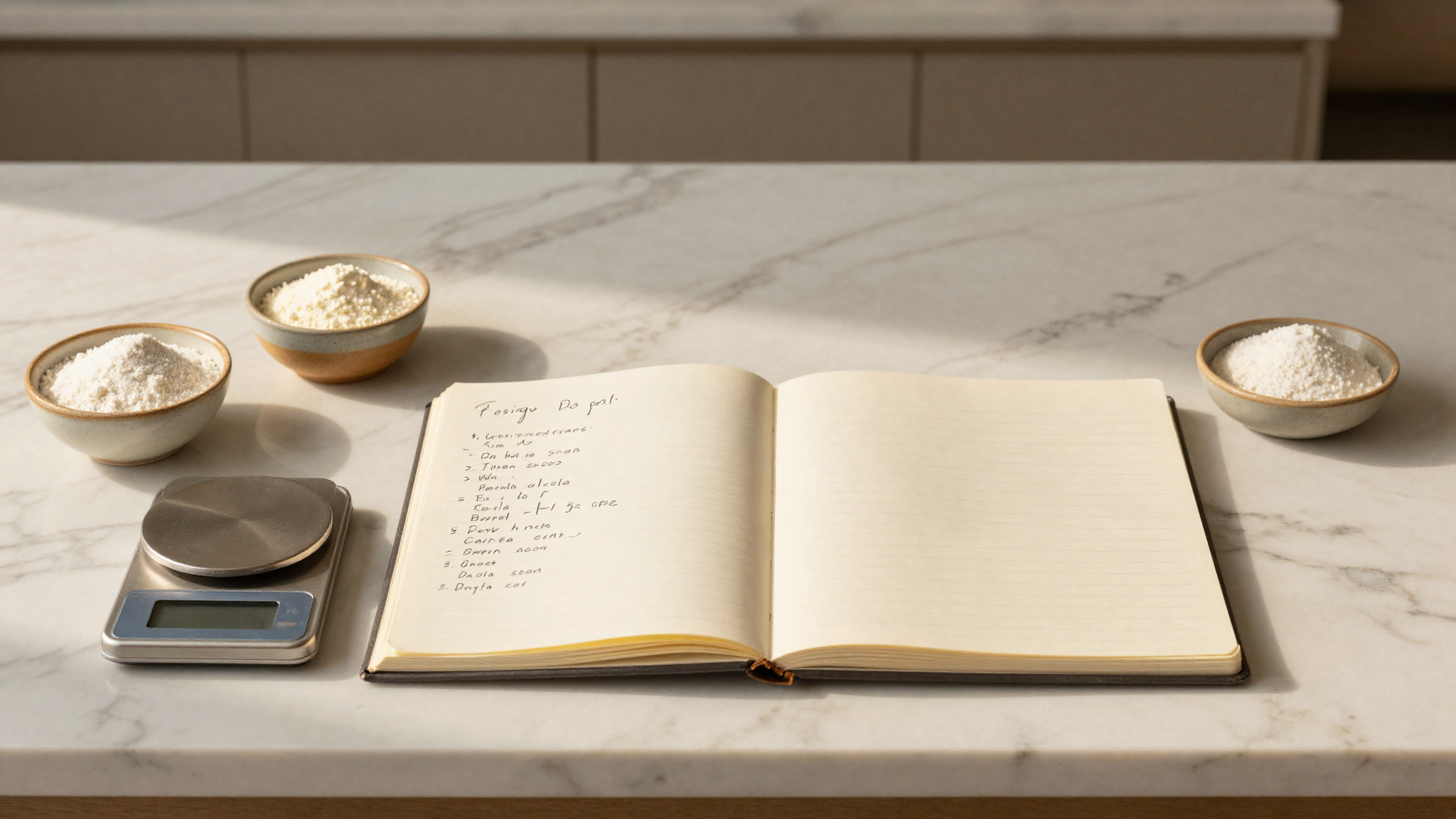 Marble counter with a notebook of a gelato formula, a small scale and ceramic dishes of milk powder, sugar and cream