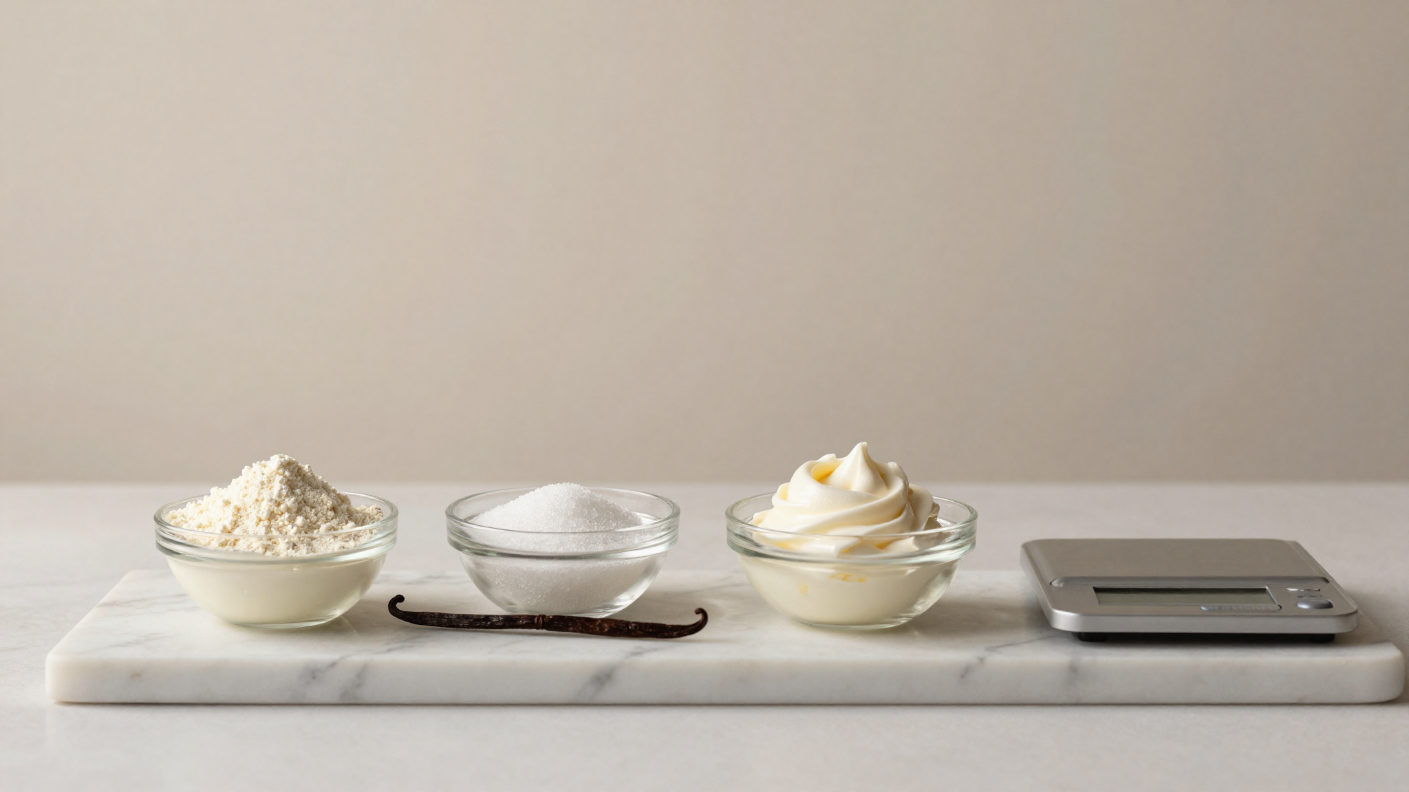 Small glass bowls of skim milk powder, sugar, cream and a vanilla pod arranged on marble