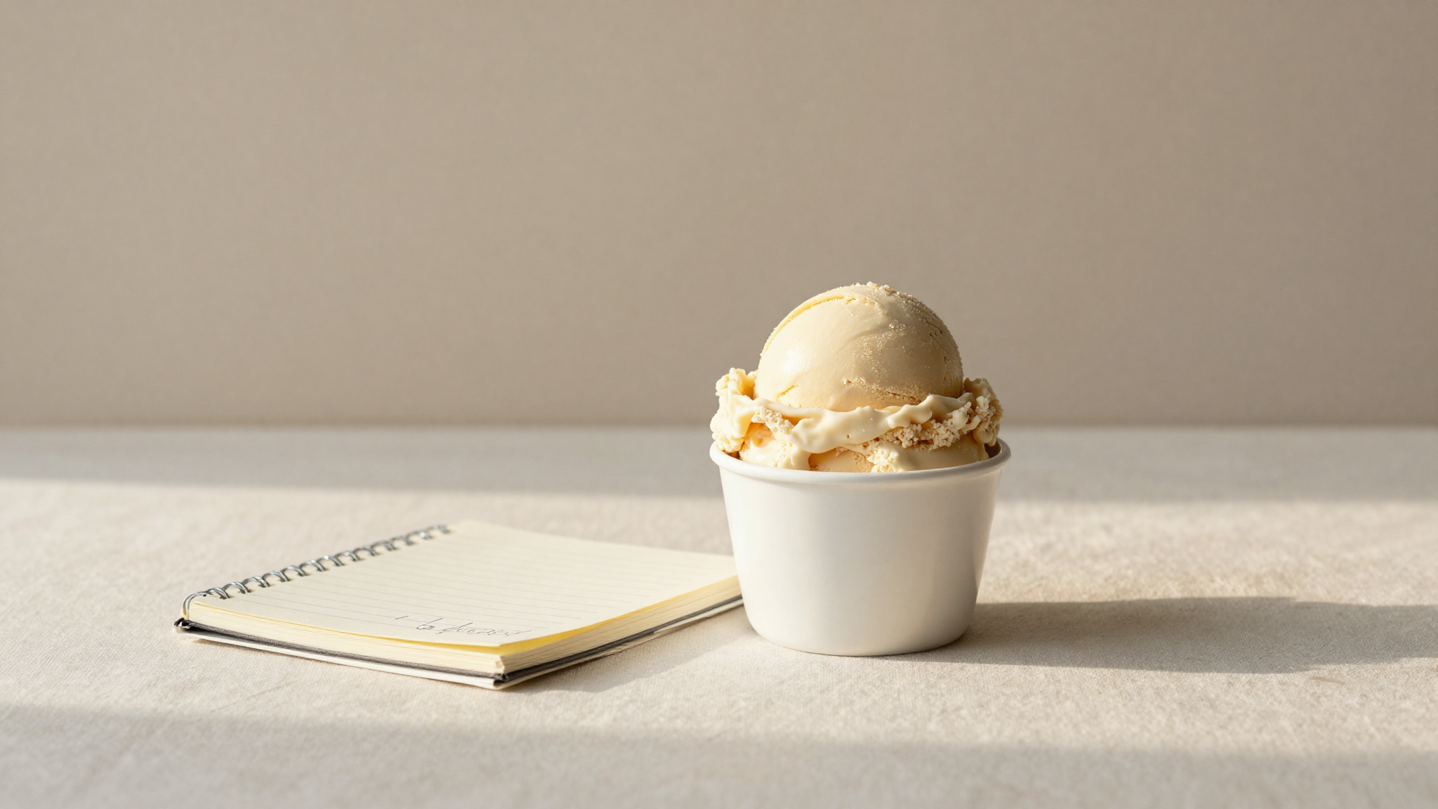 A single balanced scoop of dense gelato in a ceramic cup beside a notebook of figures