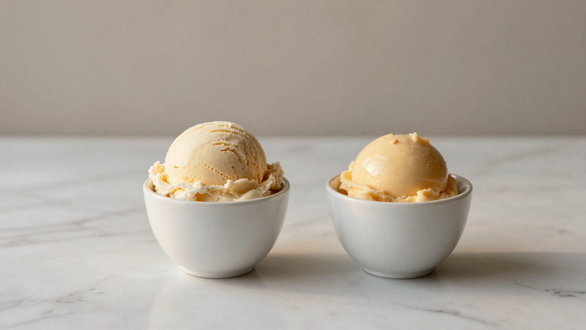 Italian gelato and golden frozen custard side by side in two white ceramic cups
