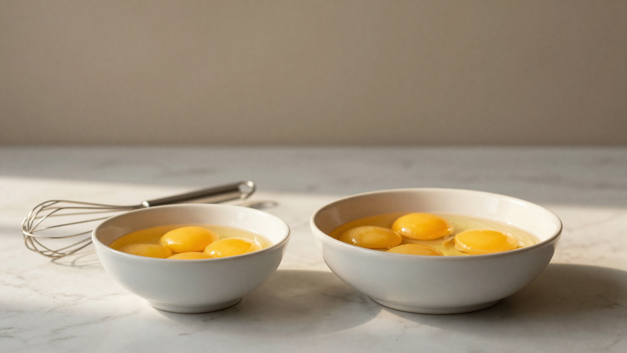Fresh golden egg yolks in a ceramic bowl