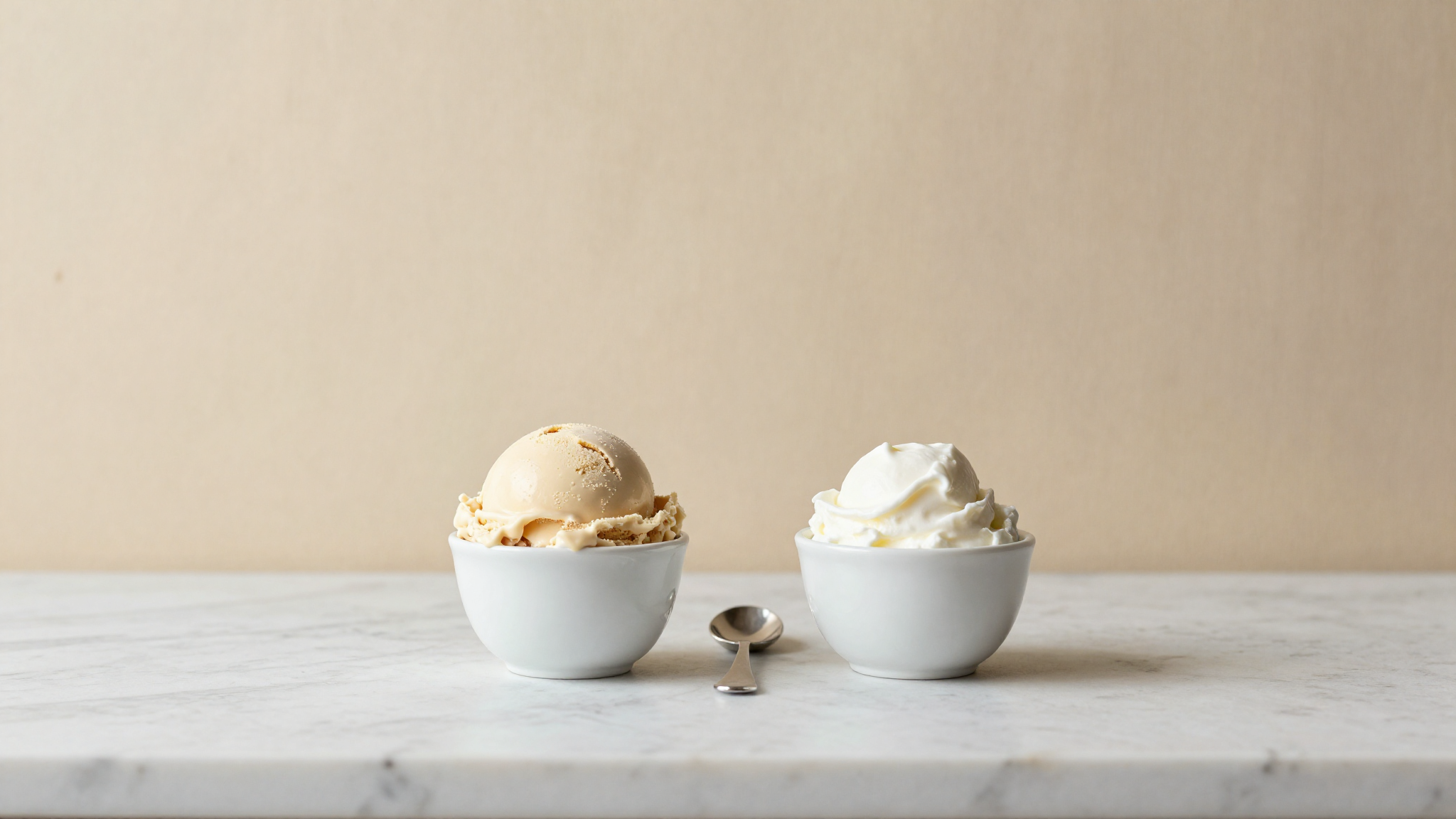 Two small white ceramic cups side by side on white marble, gelato beige on the left and frozen yogurt whiter on the right