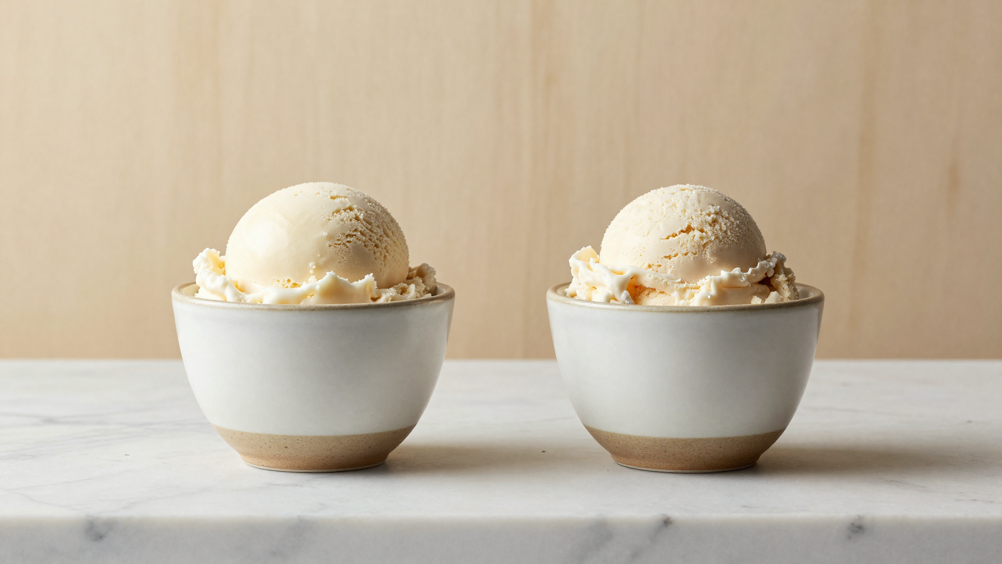 A ceramic cup of dense italian gelato beside a fluffier scoop of american ice cream on white marble