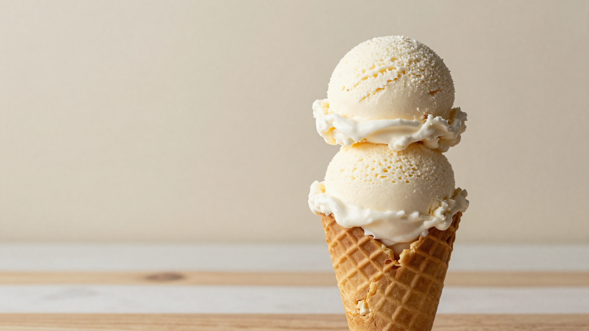 Two voluminous round scoops of vanilla american ice cream stacked in a waffle cone on a wooden surface