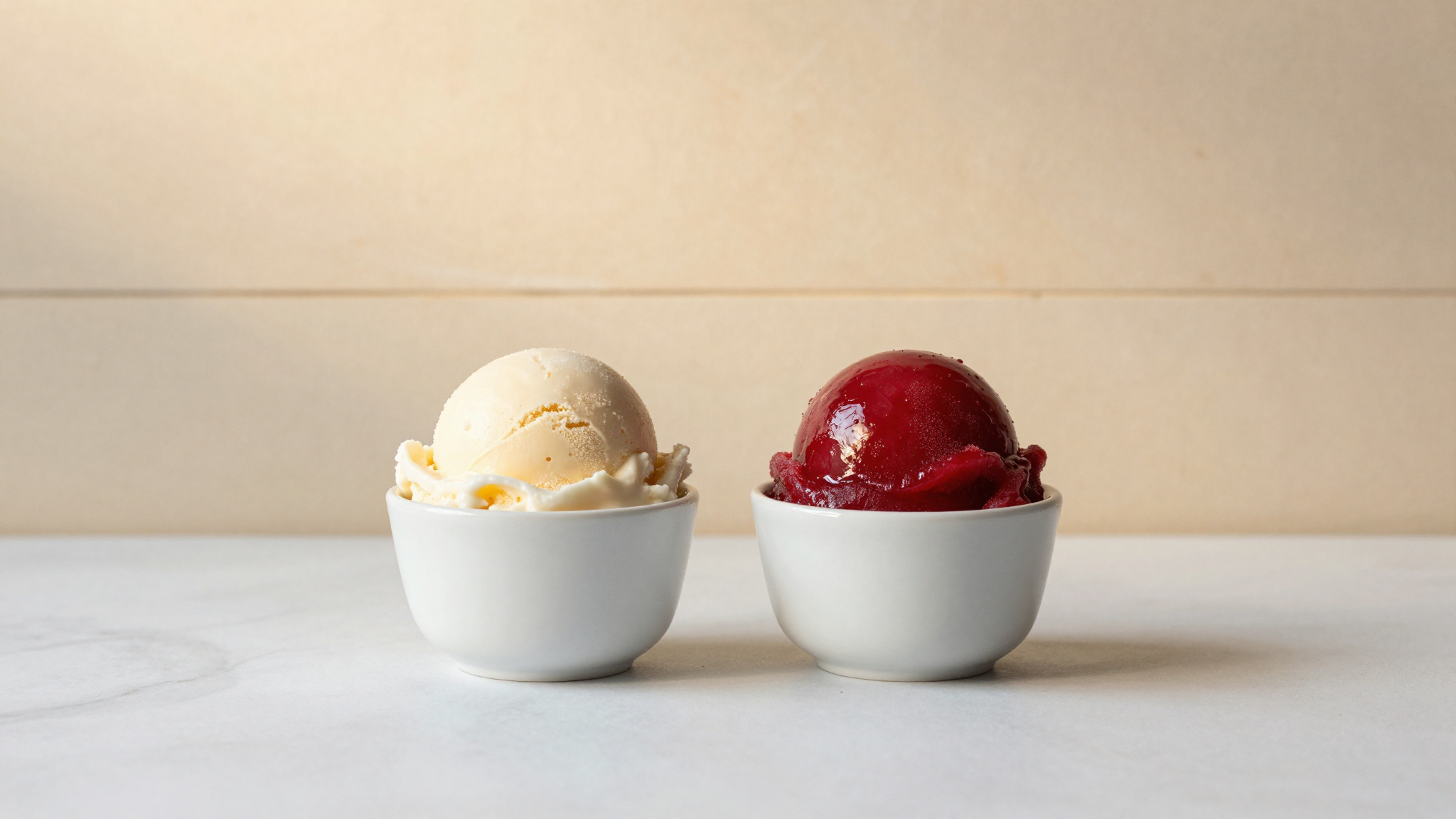 A creamy pale gelato scoop beside a glossy ruby Italian water ice in white cups on marble