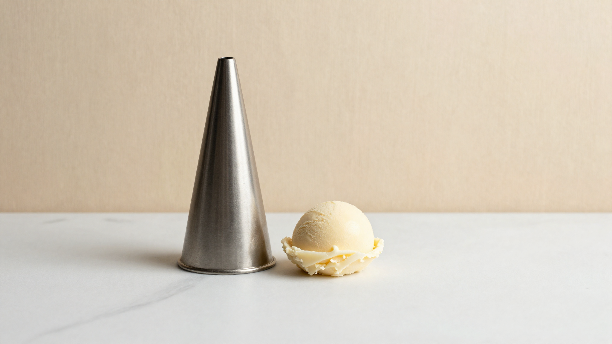 Conical kulfi mould beside a small scoop of gelato on a marble surface