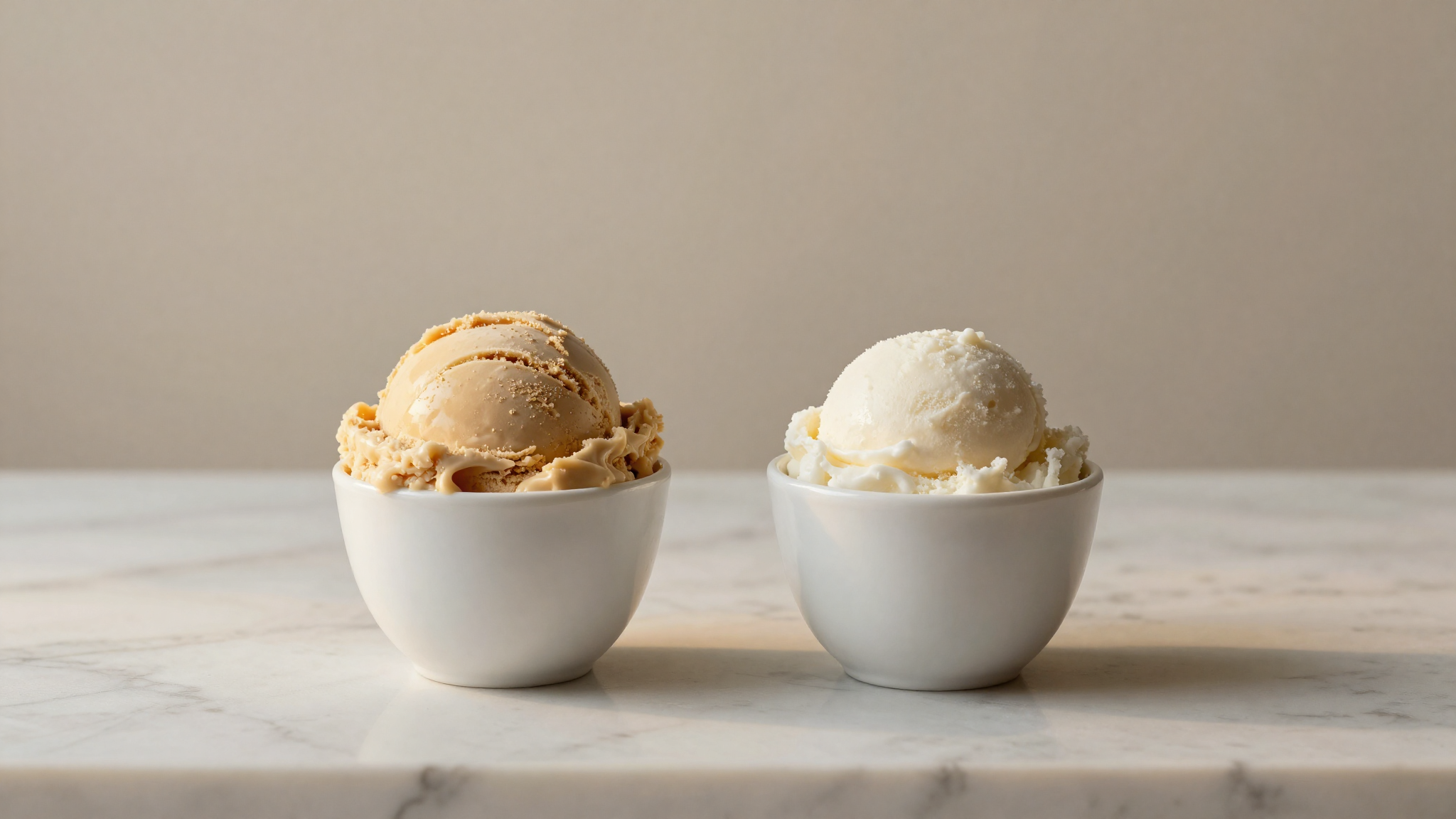 Italian gelato and bright fruit sherbet in two small cups on marble with fresh fruit nearby