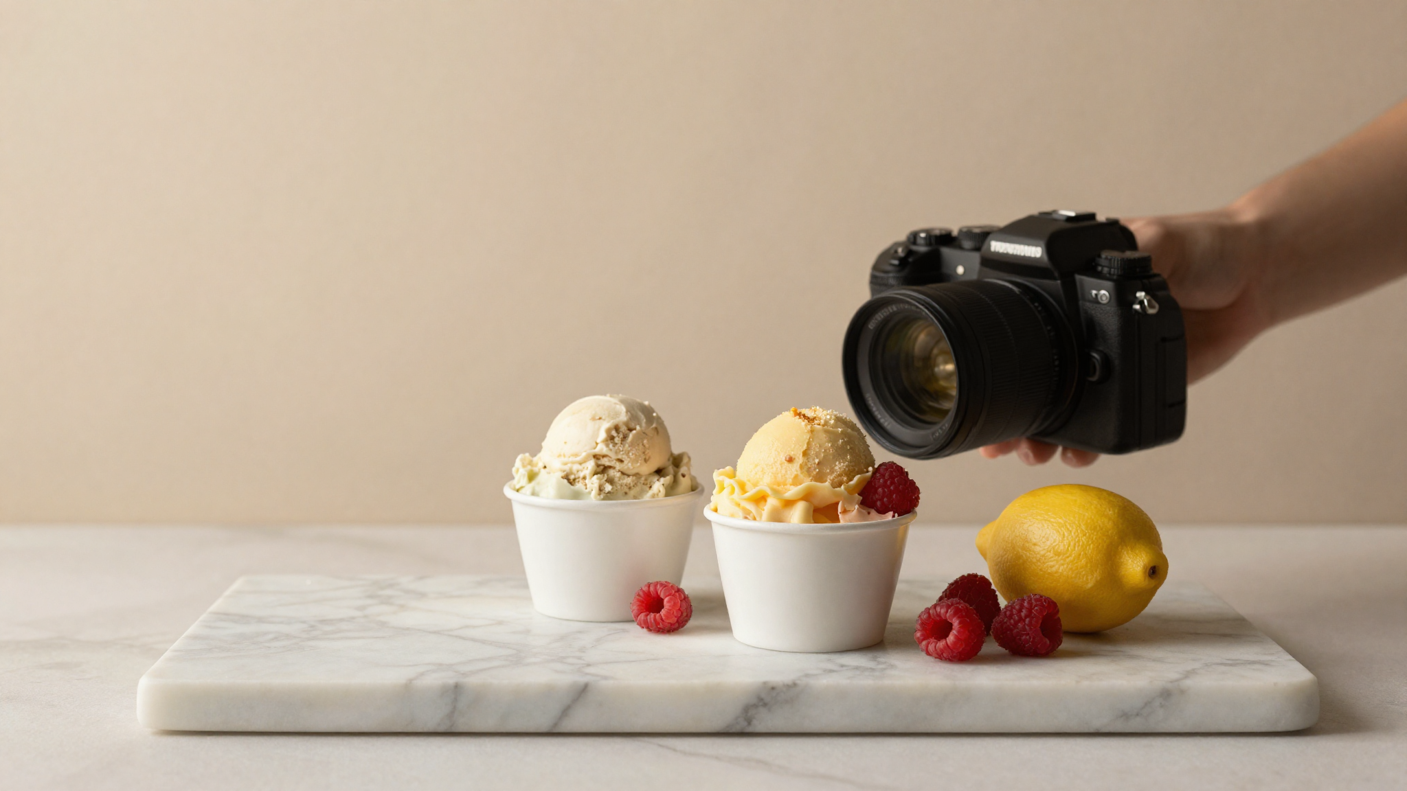 Gelato and a fruit sherbet served together with fresh raspberries and a lemon