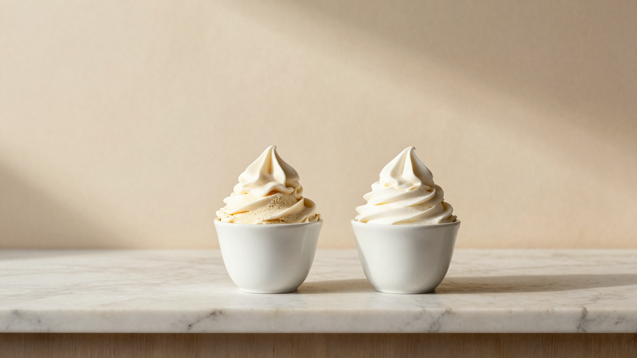 Dense gelato beside an airy soft serve swirl in two white cups on marble