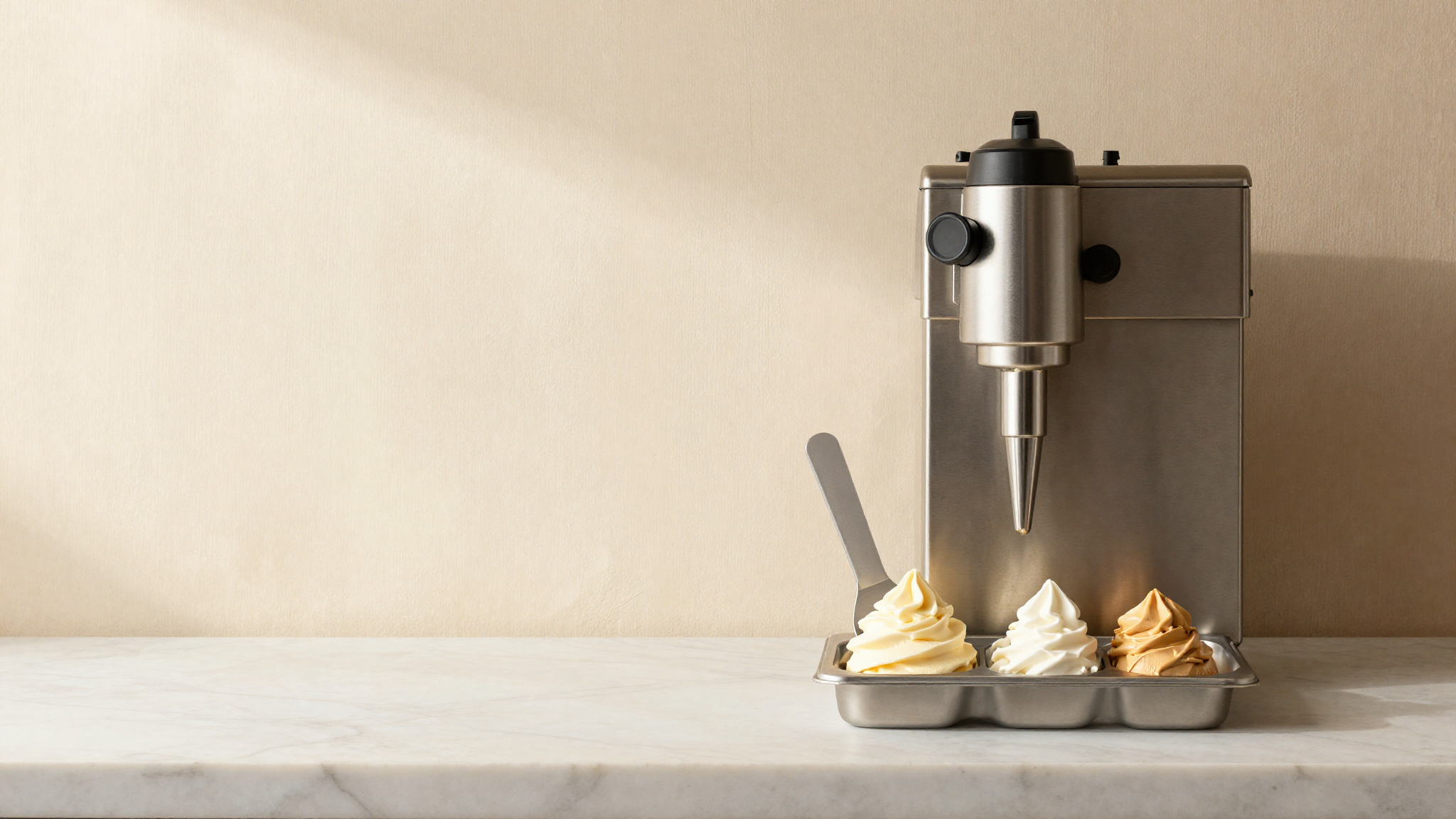 Italian gelato display pan beside a stainless soft serve machine nozzle