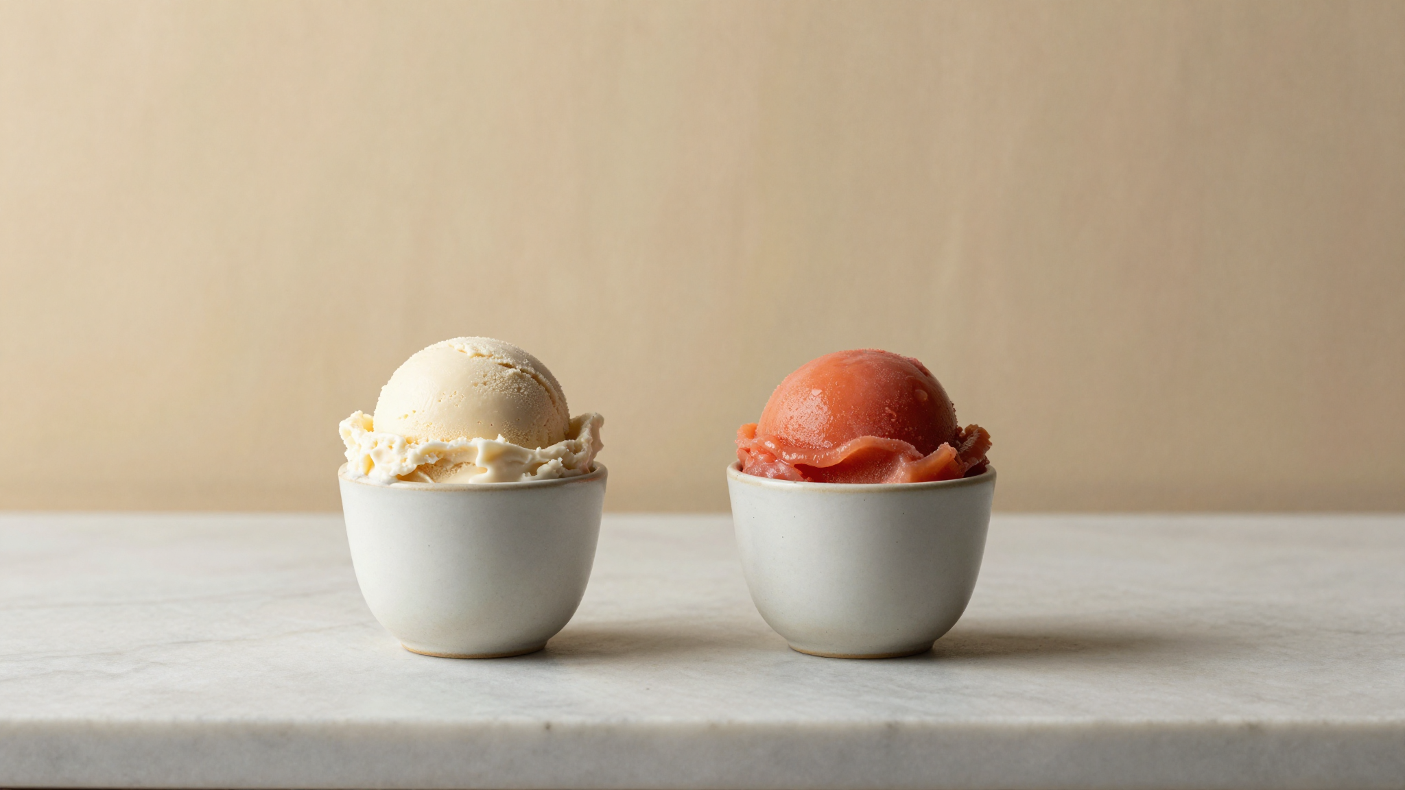 Two small ceramic cups side by side on warm marble with dense italian gelato in one and a brighter fruit sorbet in the other