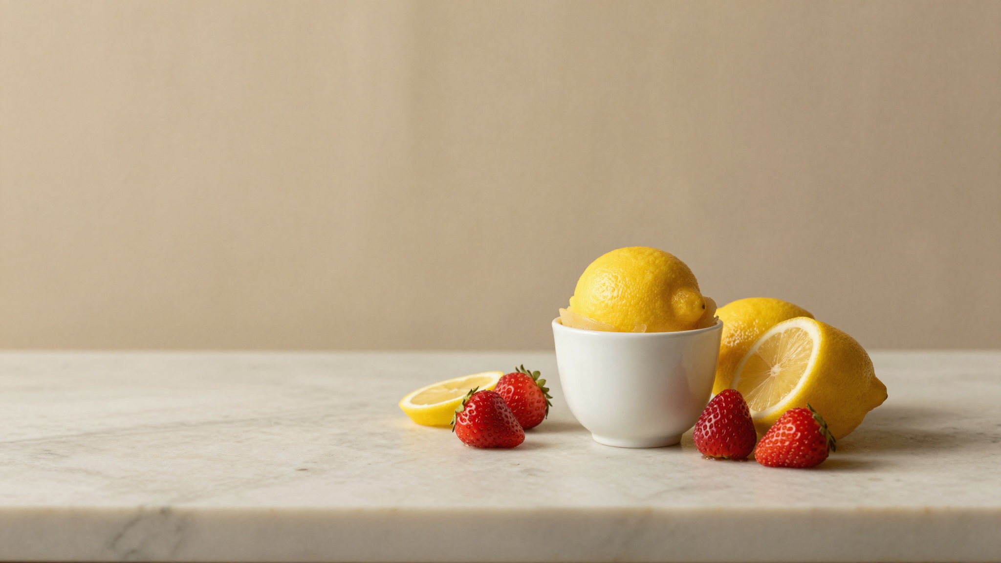 Two small ceramic cups side by side on warm marble — dense italian gelato in one and a brighter fruit sorbet in the other