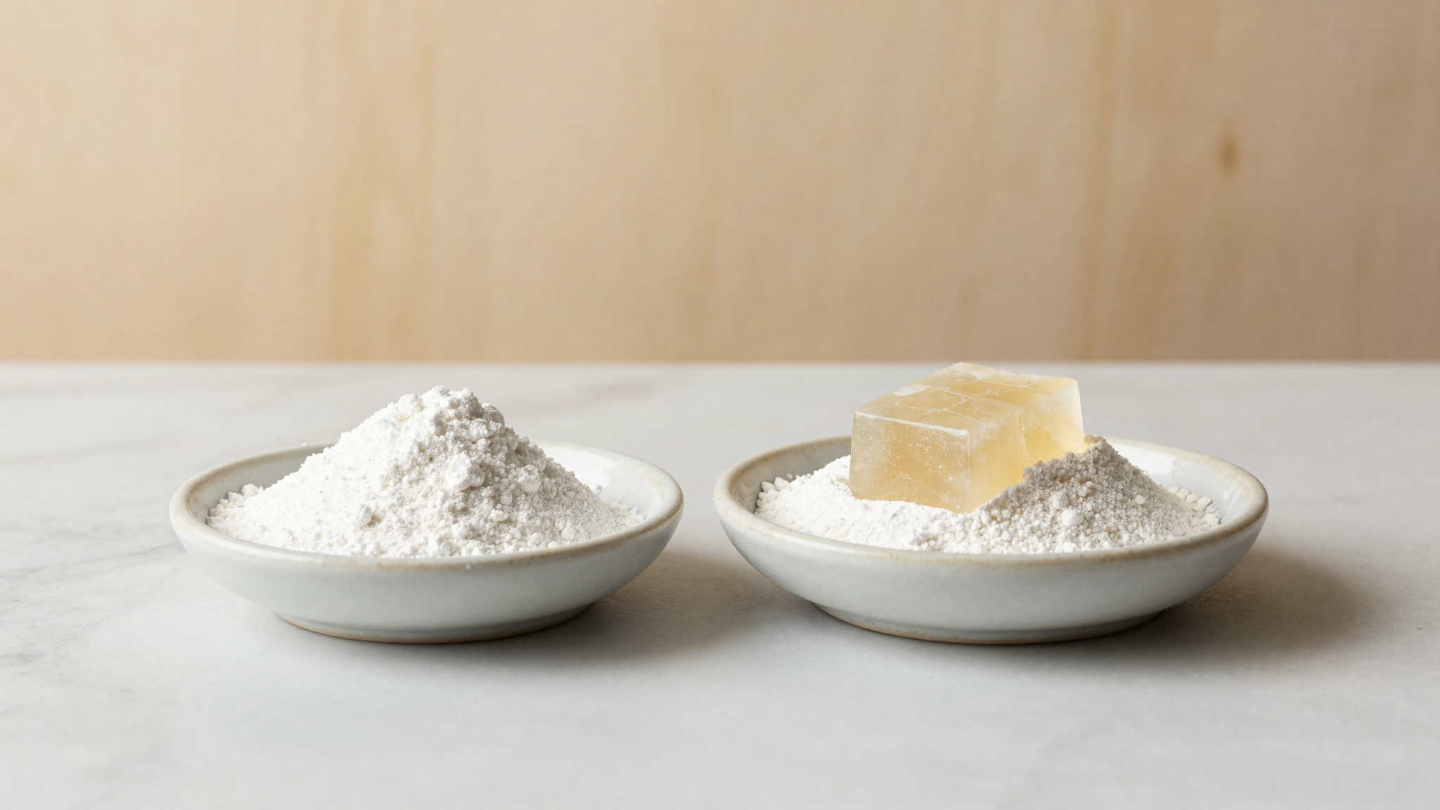 Two small ceramic dishes of fine white gellan gum powder on marble, one topped with a translucent set gel cube