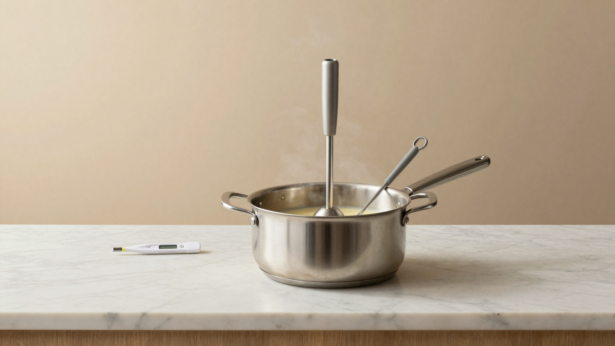 A stainless saucepan of pale base with an immersion blender head and a thermometer, steam rising