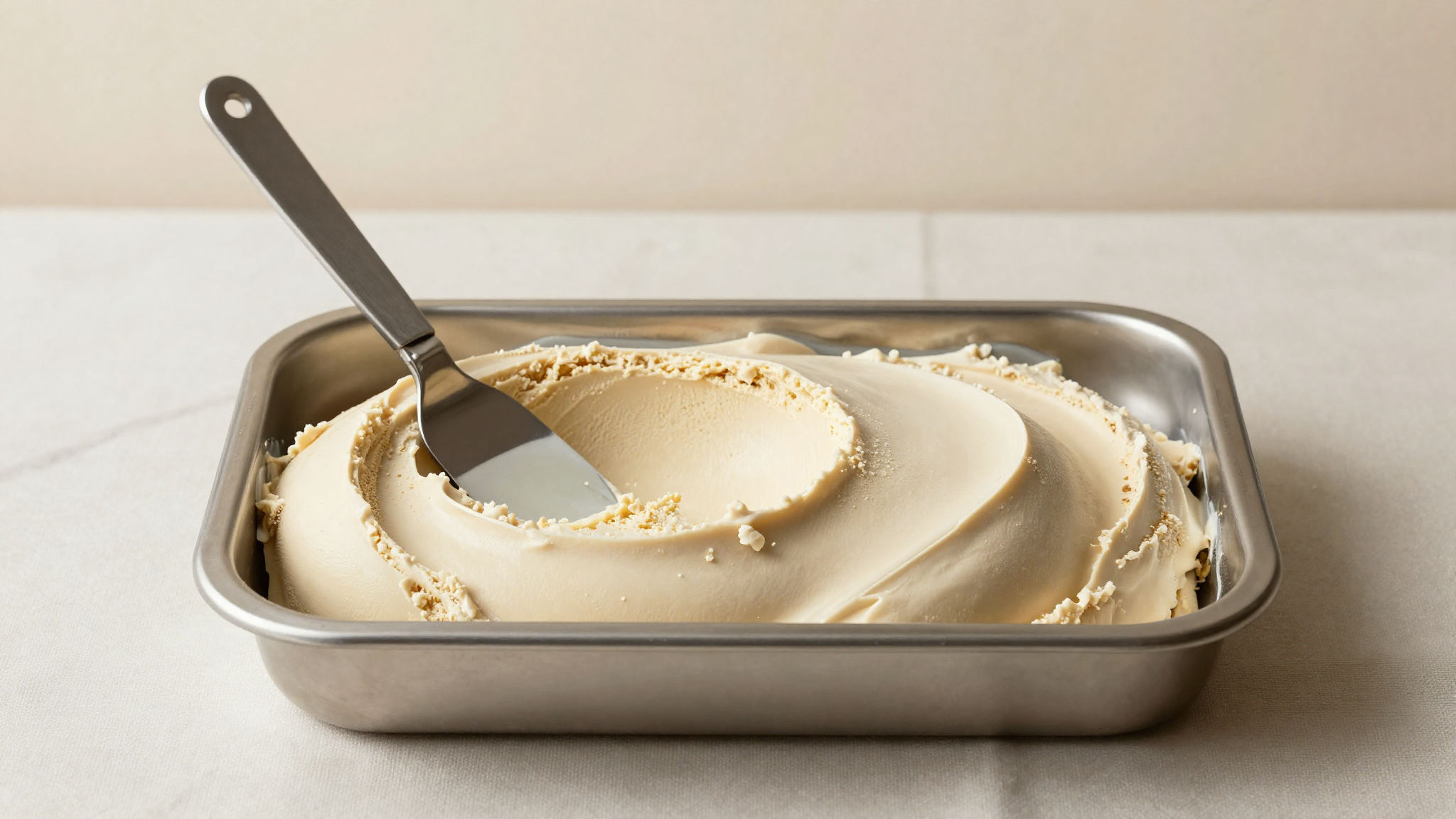 A stainless pan of pale vegan gelato with a clean spatula sweep