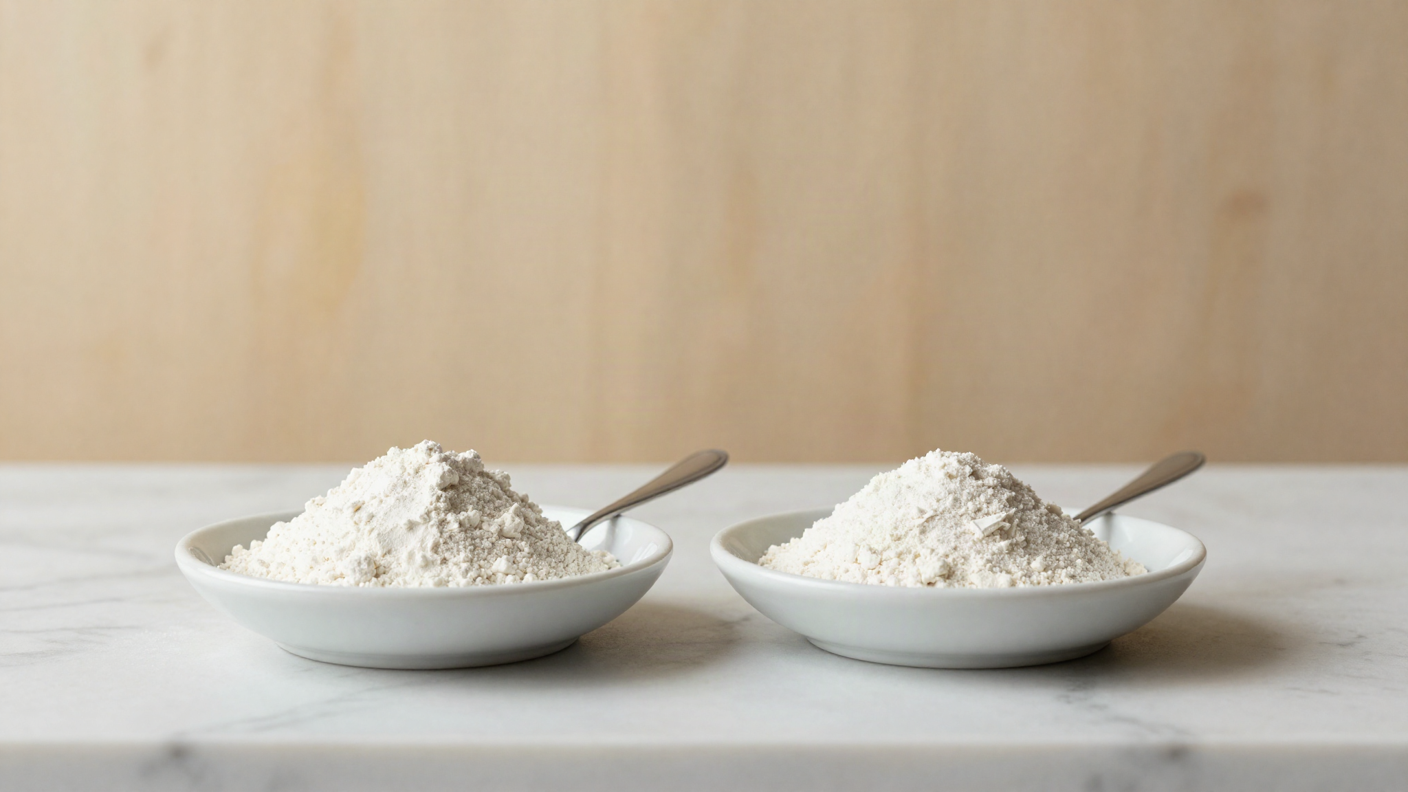 Two small ceramic dishes of white hydrocolloid powder side by side on white marble