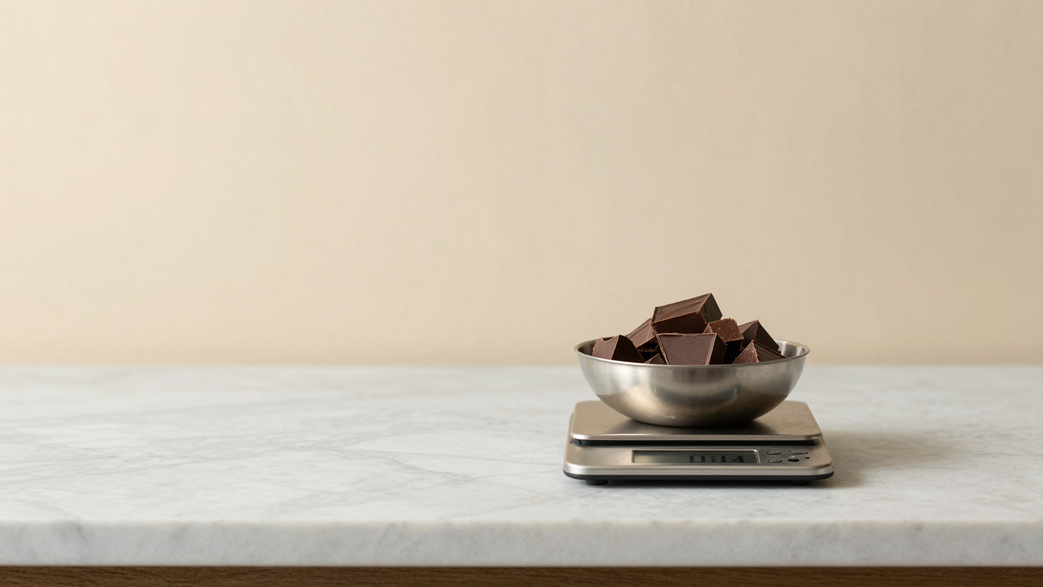 Dark chocolate shards in a small bowl on a digital scale