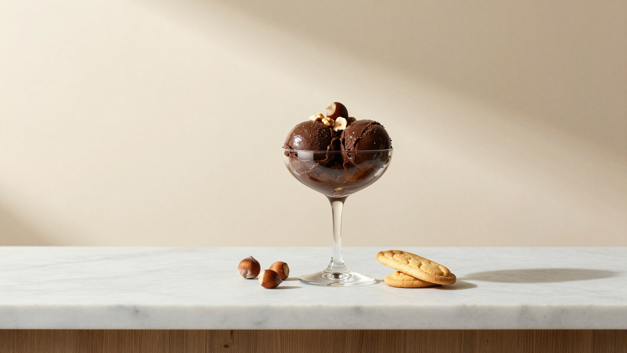 A tall glass coupe with two glossy scoops of gianduia gelato and hazelnuts