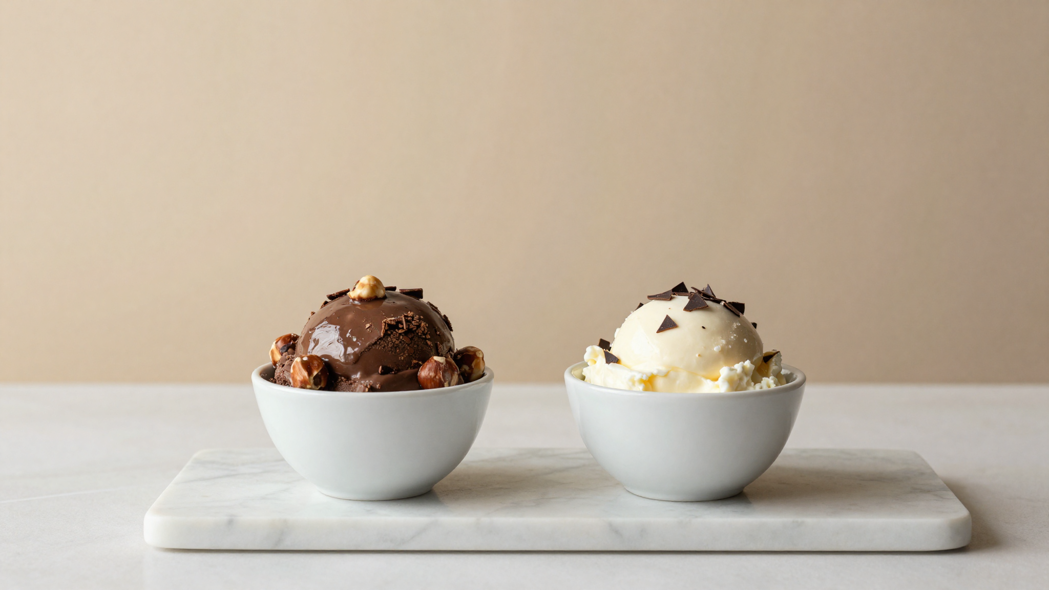 Brown gianduia gelato beside pale stracciatella with chocolate shards in ceramic cups