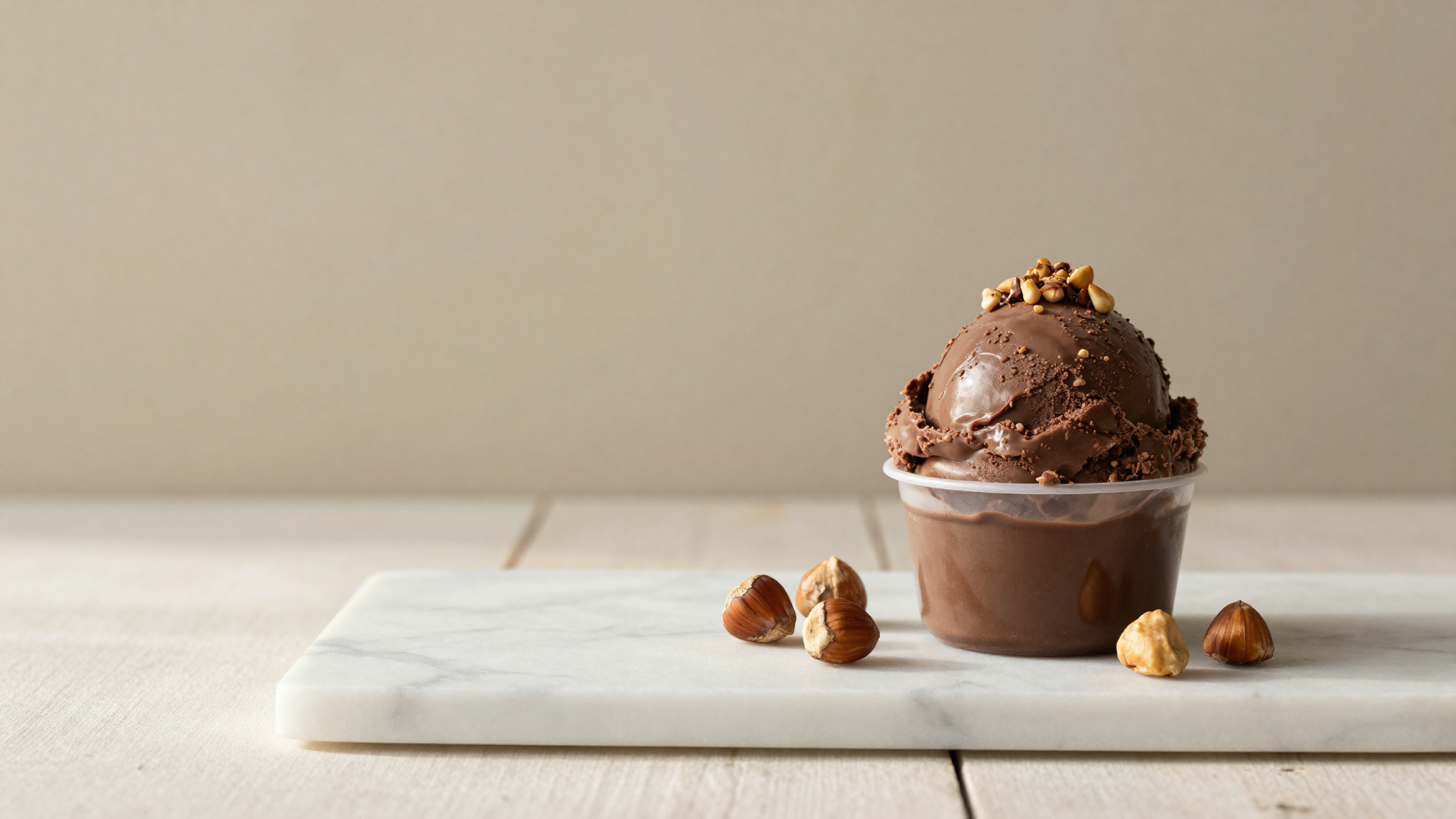 Two ceramic cups side by side, brown gianduia gelato and pale stracciatella with chocolate shards