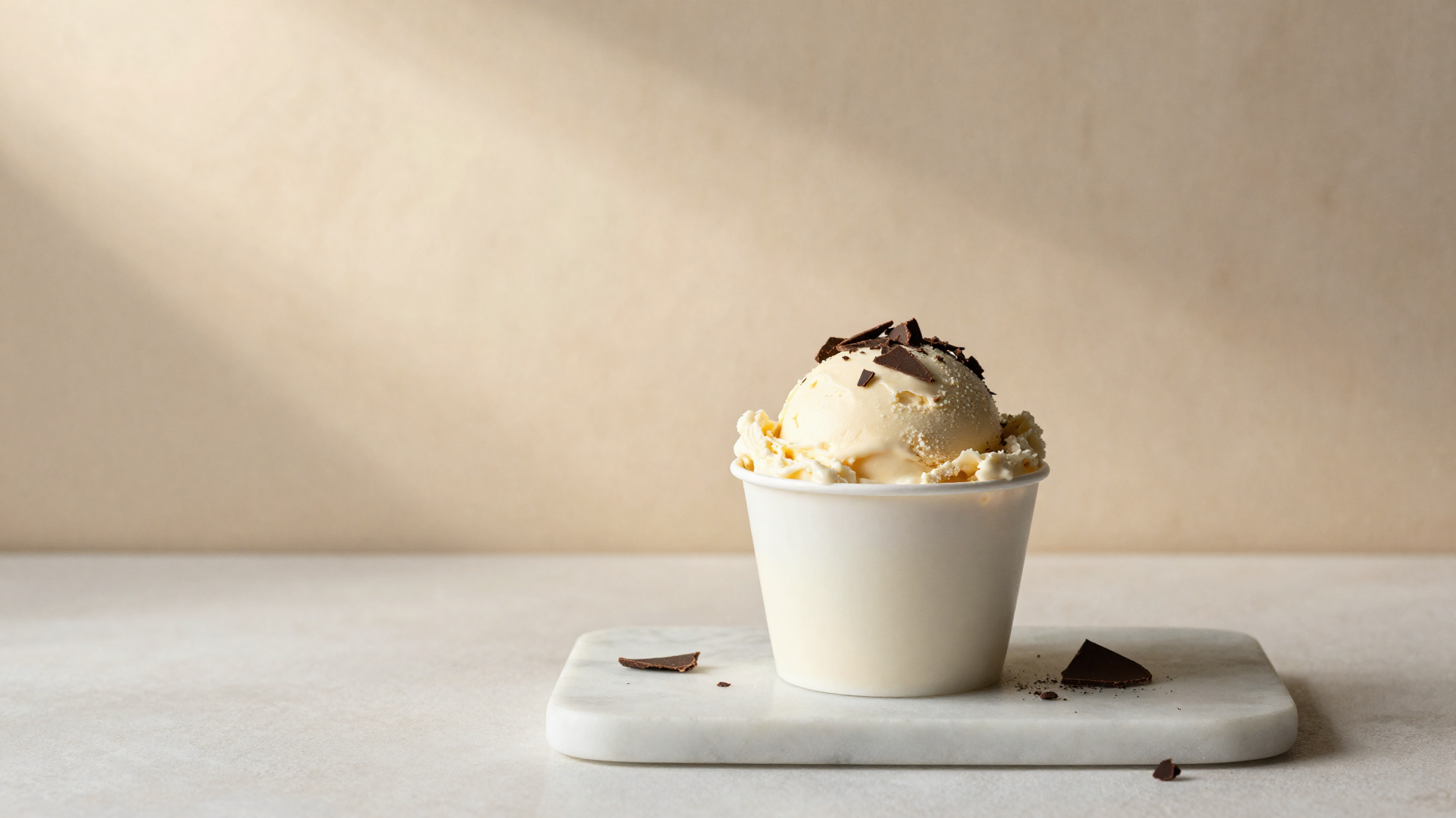 A cup of glossy gianduia hazelnut-chocolate gelato with whole hazelnuts on marble
