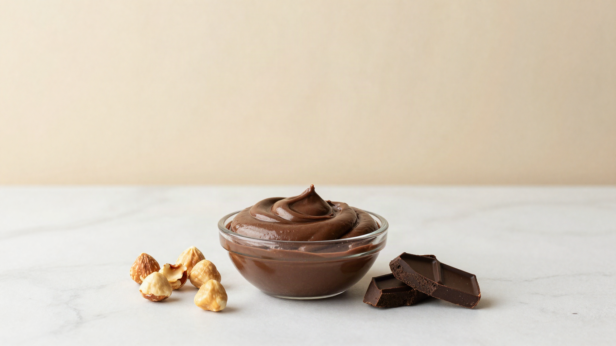 A bowl of glossy gianduja hazelnut chocolate paste on marble beside whole toasted hazelnuts and dark chocolate