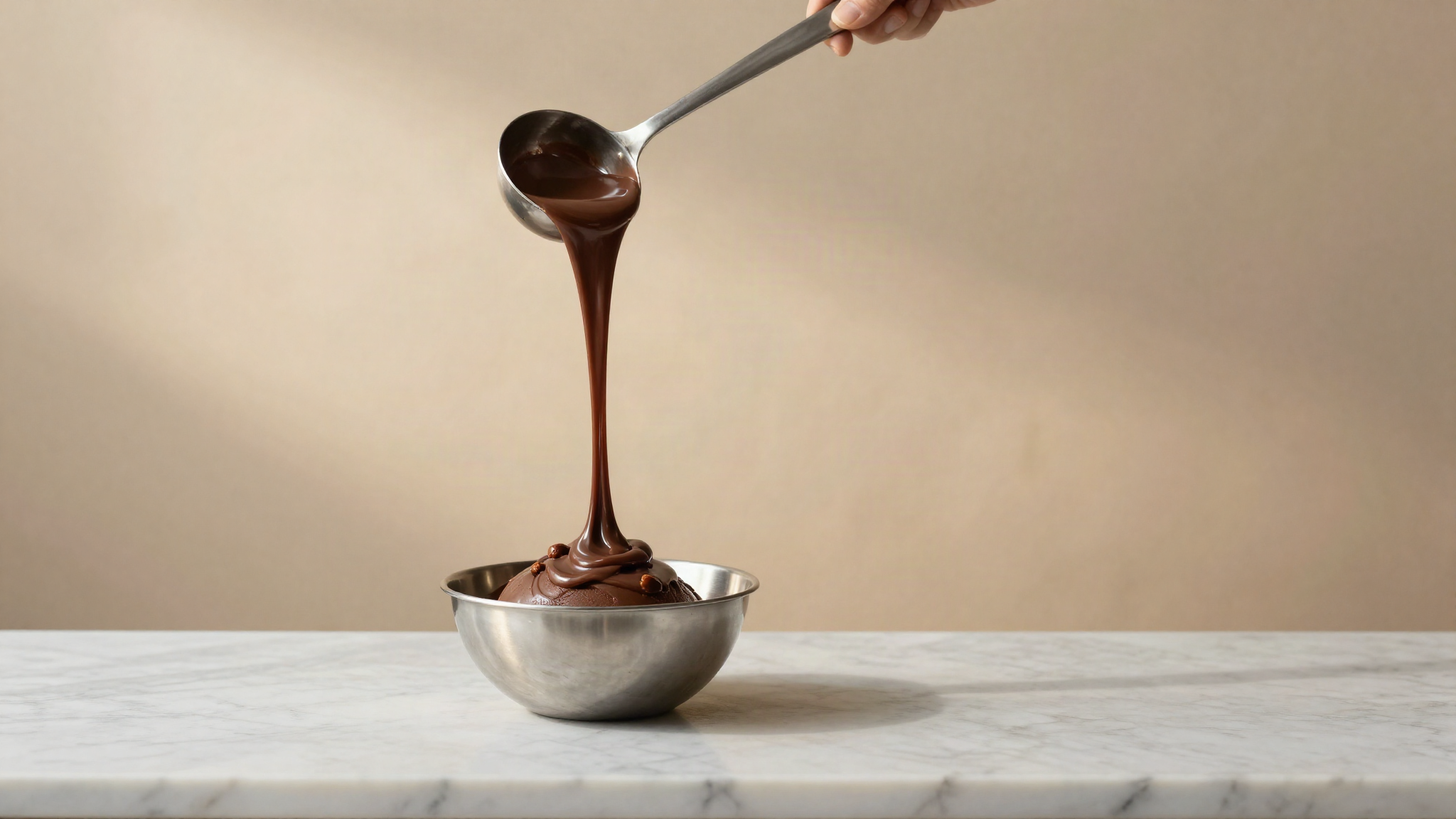 A thick ribbon of glossy hazelnut chocolate paste falling from a steel ladle into a stainless bowl
