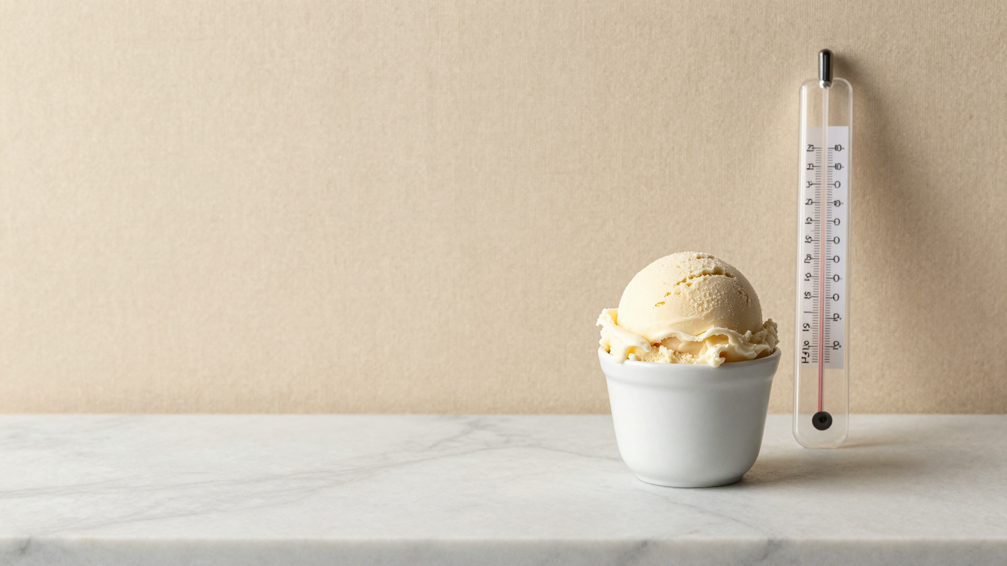 Hero photo of a fresh gelato scoop in a ceramic cup next to a frosty thermometer evoking glass transition temperature