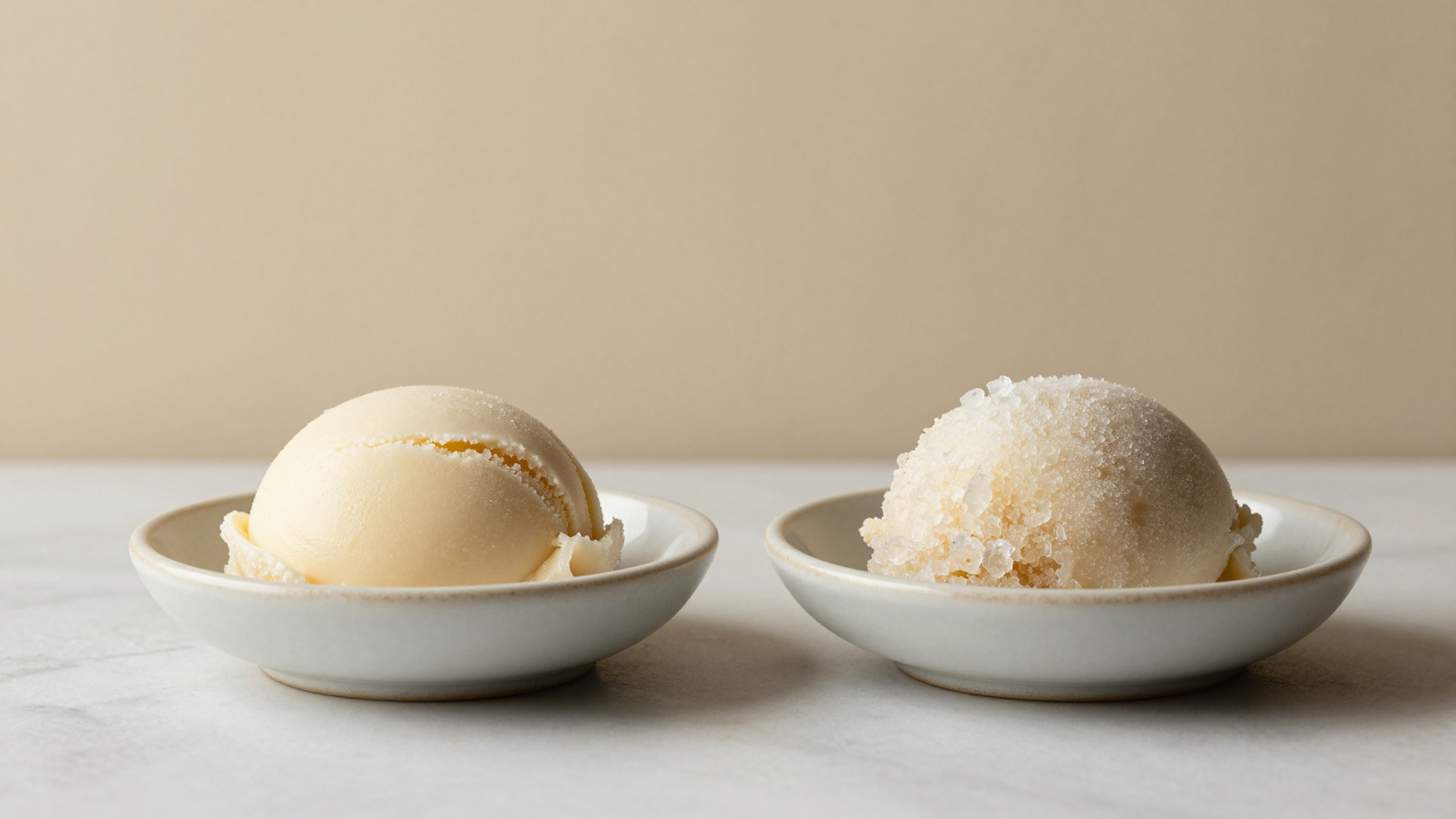Side-by-side gelato textures showing smooth fresh and coarse icy samples for recrystallization comparison