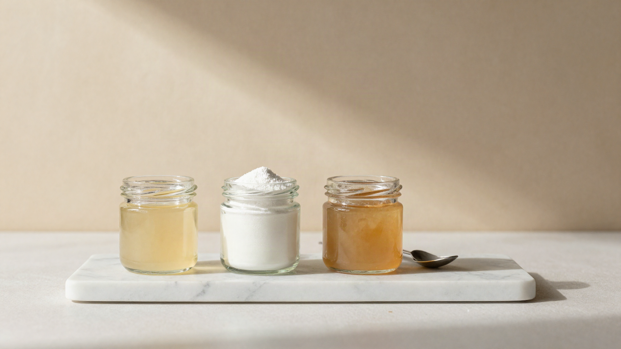 Three small glass jars in a row on white marble, one with thick clear glucose syrup, one with fine white glucose powder, one with pale amber invert sugar paste