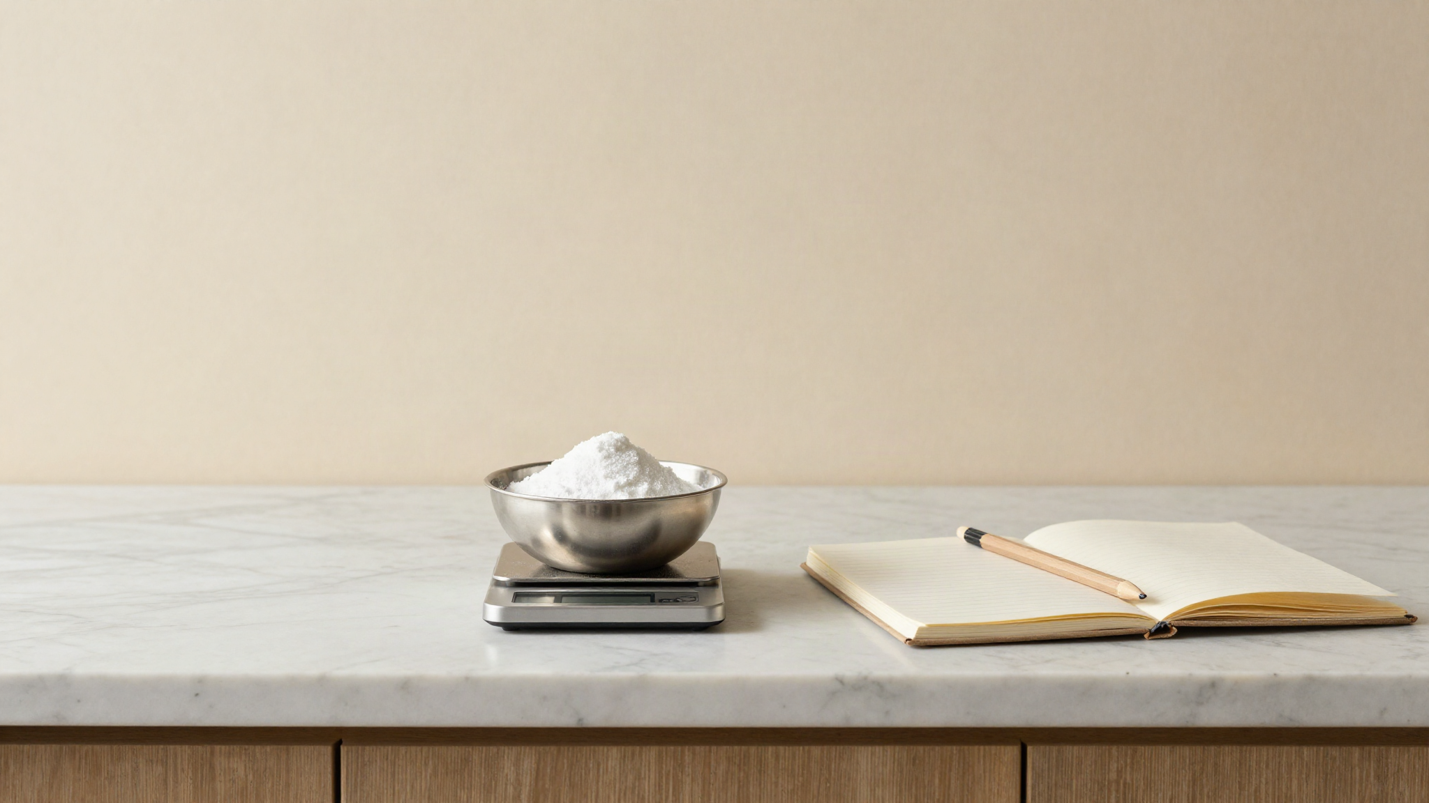 A small stainless bowl of white powdered sweetener sitting on a tiny digital scale on a marble counter with an open notebook beside it