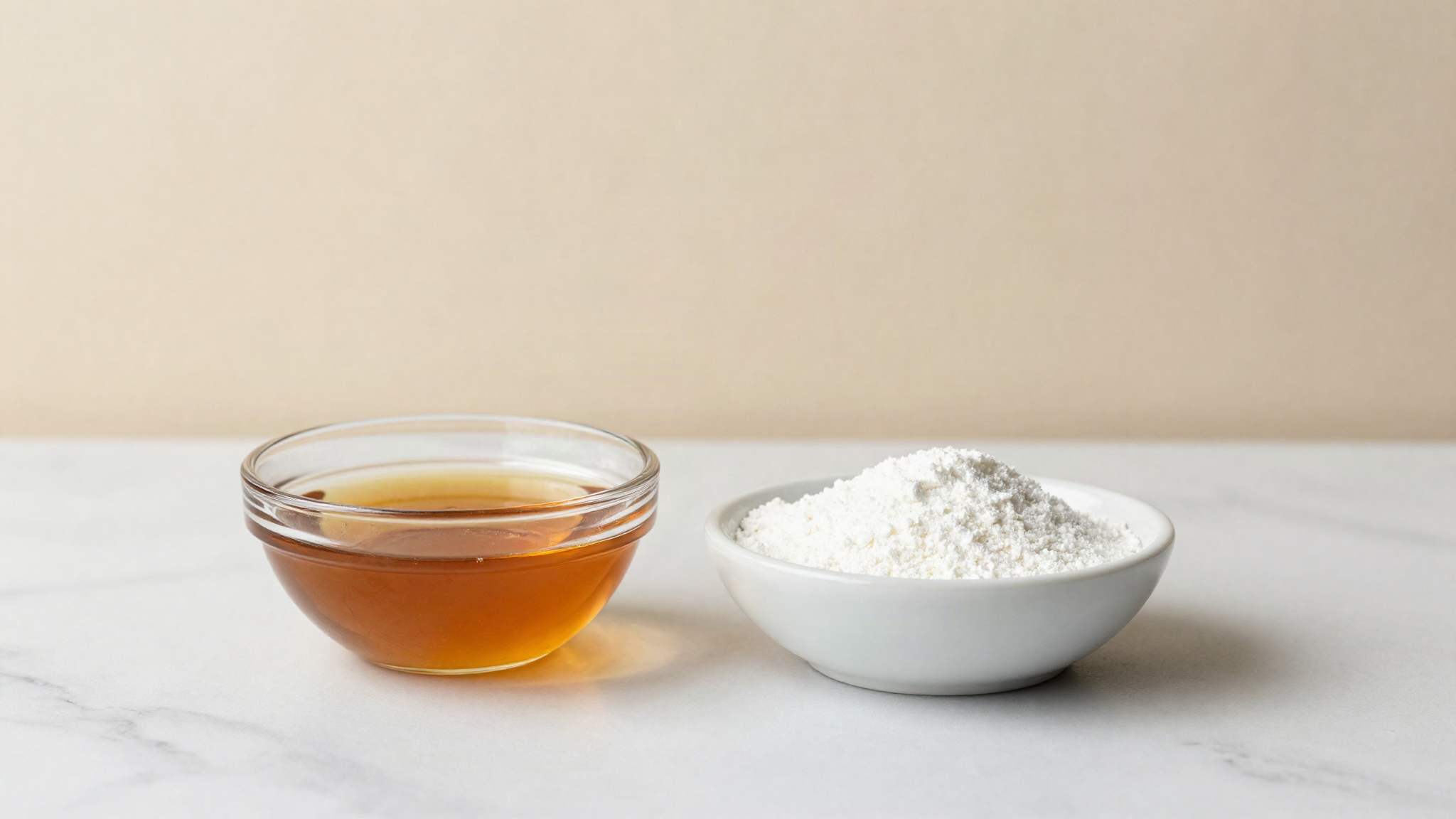 Glucose syrup in a glass bowl beside a dish of powdered dextrose on marble