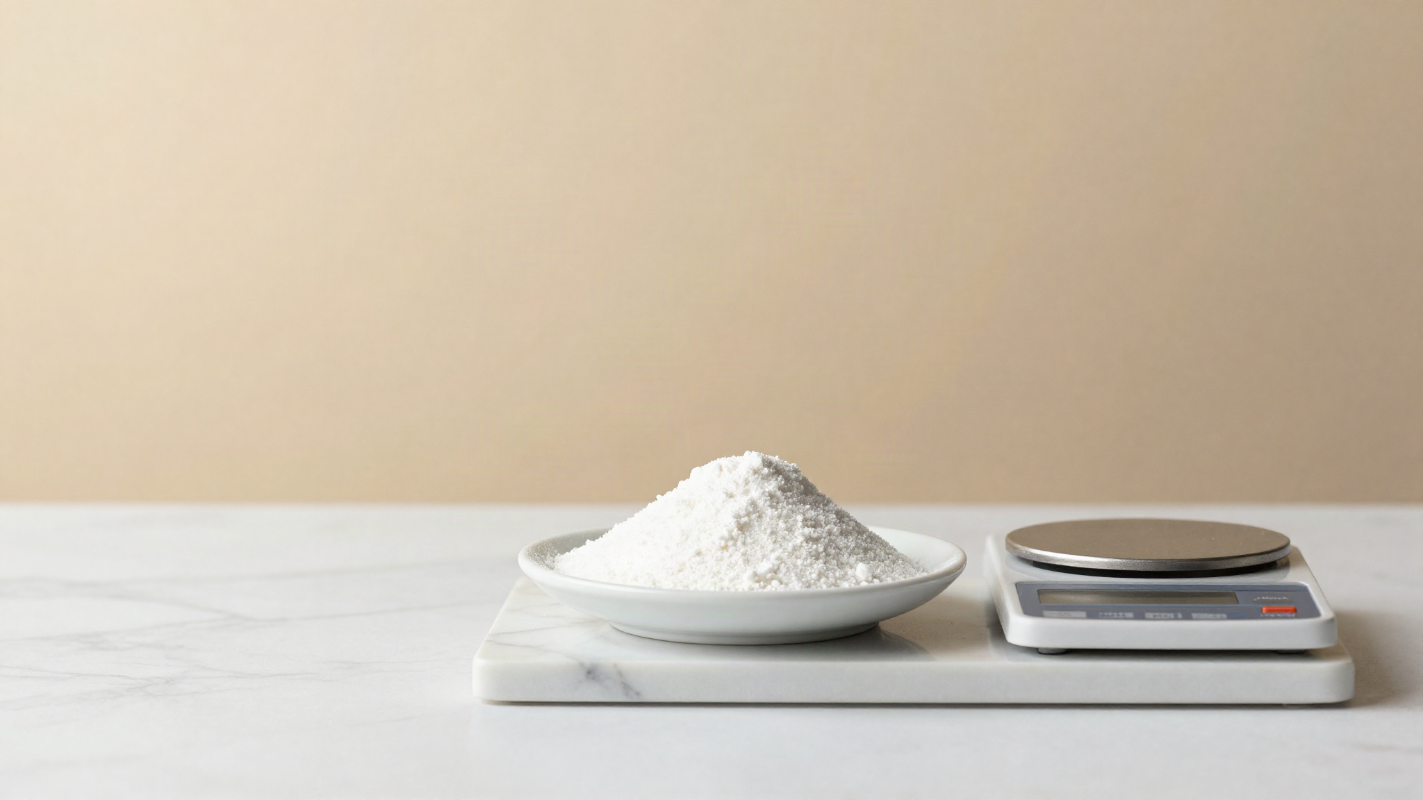 A neat mound of fine white dextrose powder in a ceramic dish beside a precision scale