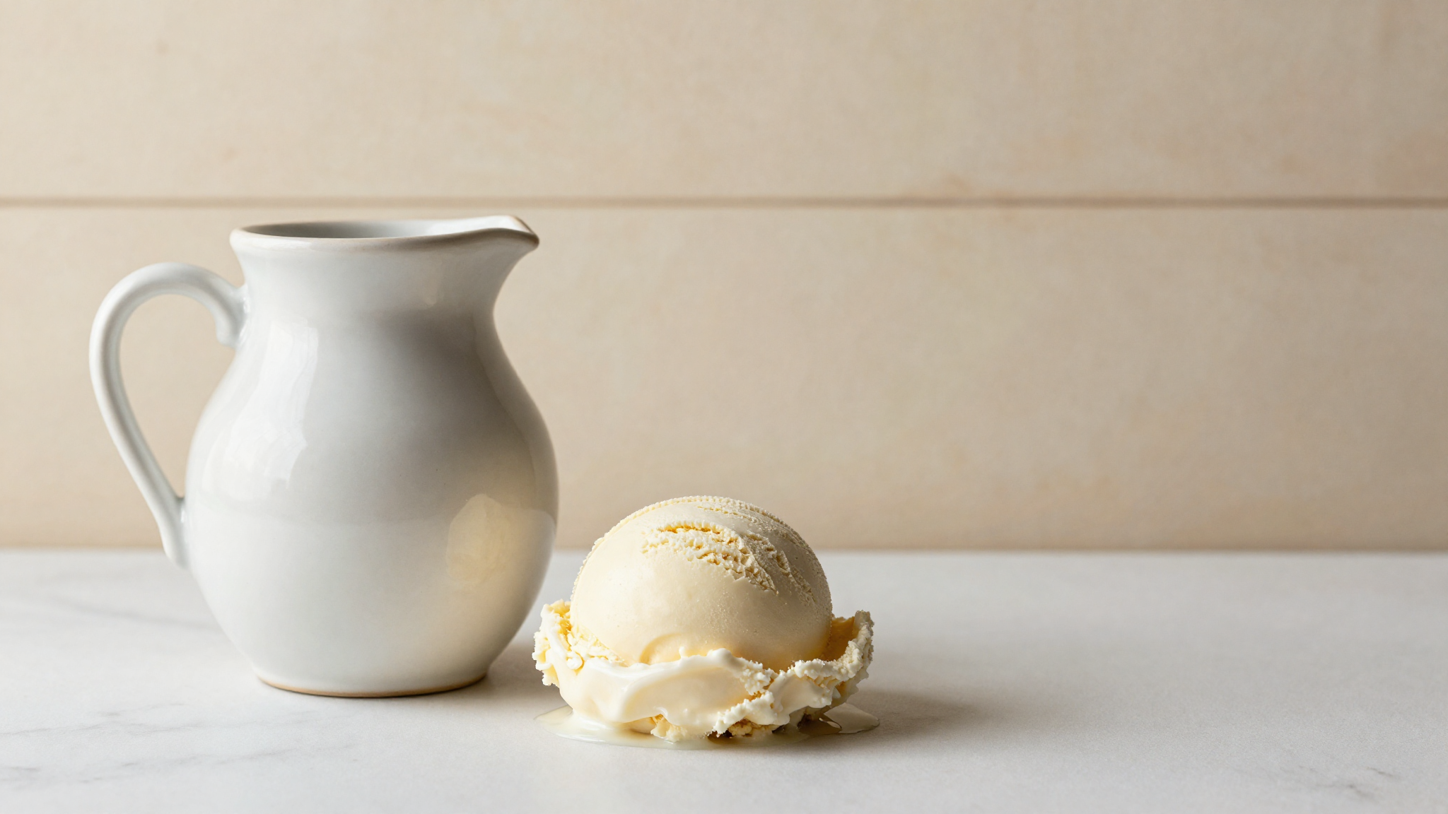 Goat milk in a ceramic jug beside a scoop of pale gelato on marble