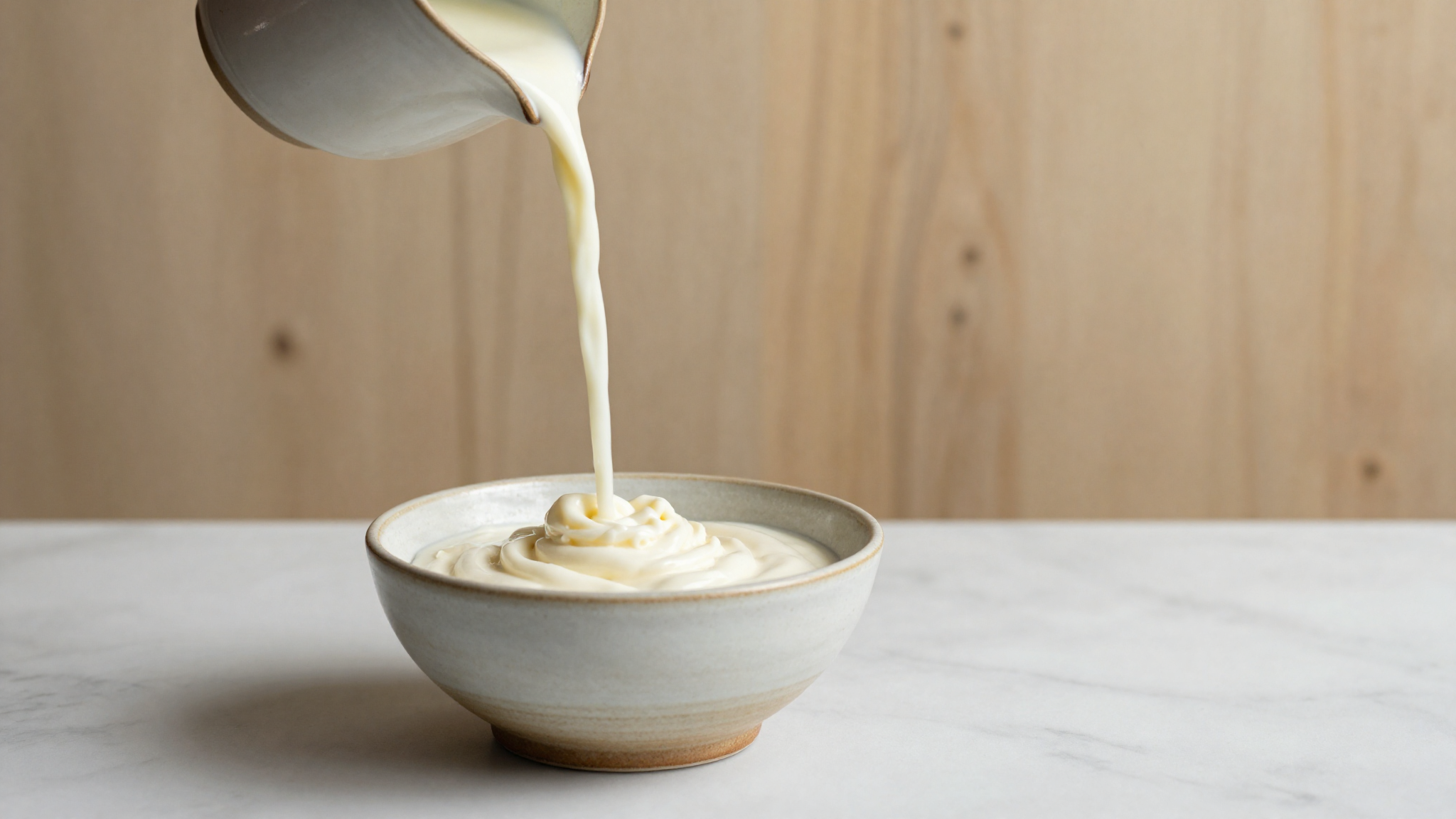 Fresh goat milk being poured into a ceramic bowl on marble
