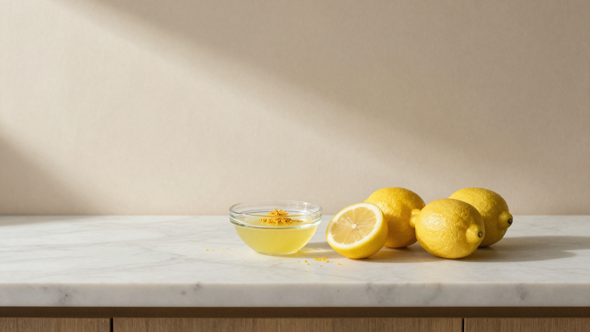 Fresh Sicilian lemons and a bowl of just-squeezed lemon juice with zest on marble