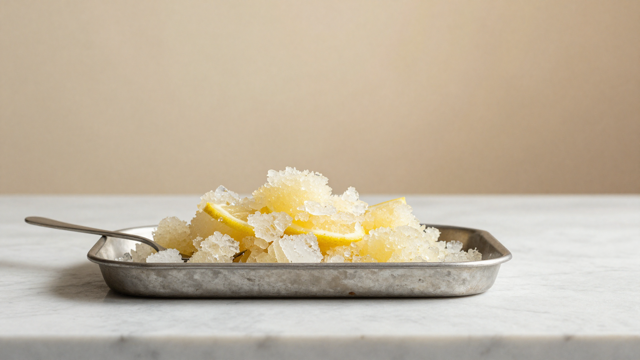 A shallow metal tray of Sicilian lemon granita scraped into loose icy flakes with a spoon and lemon wedges