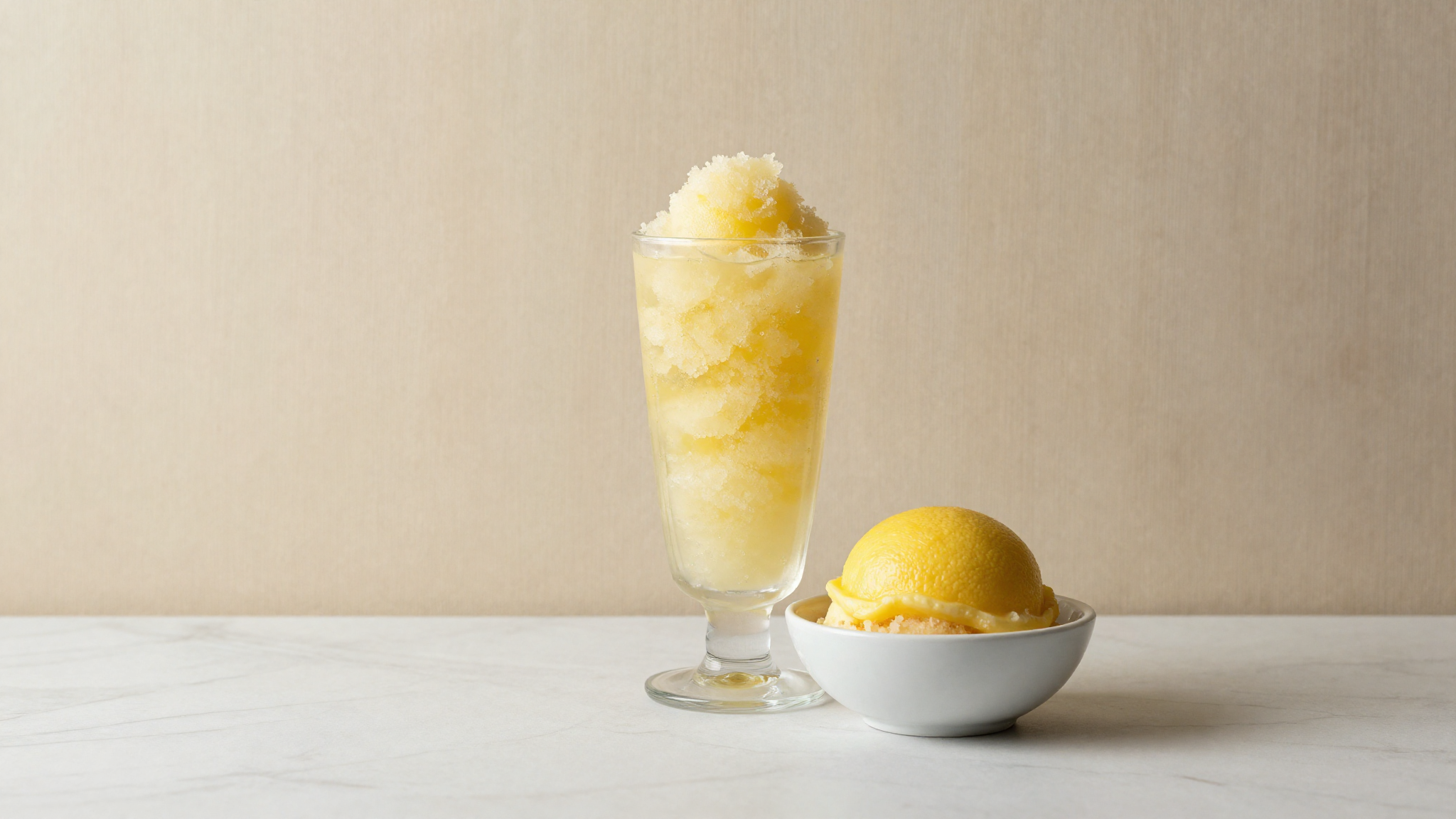 A tall glass of flaky lemon granita beside a smooth lemon sorbet scoop on marble