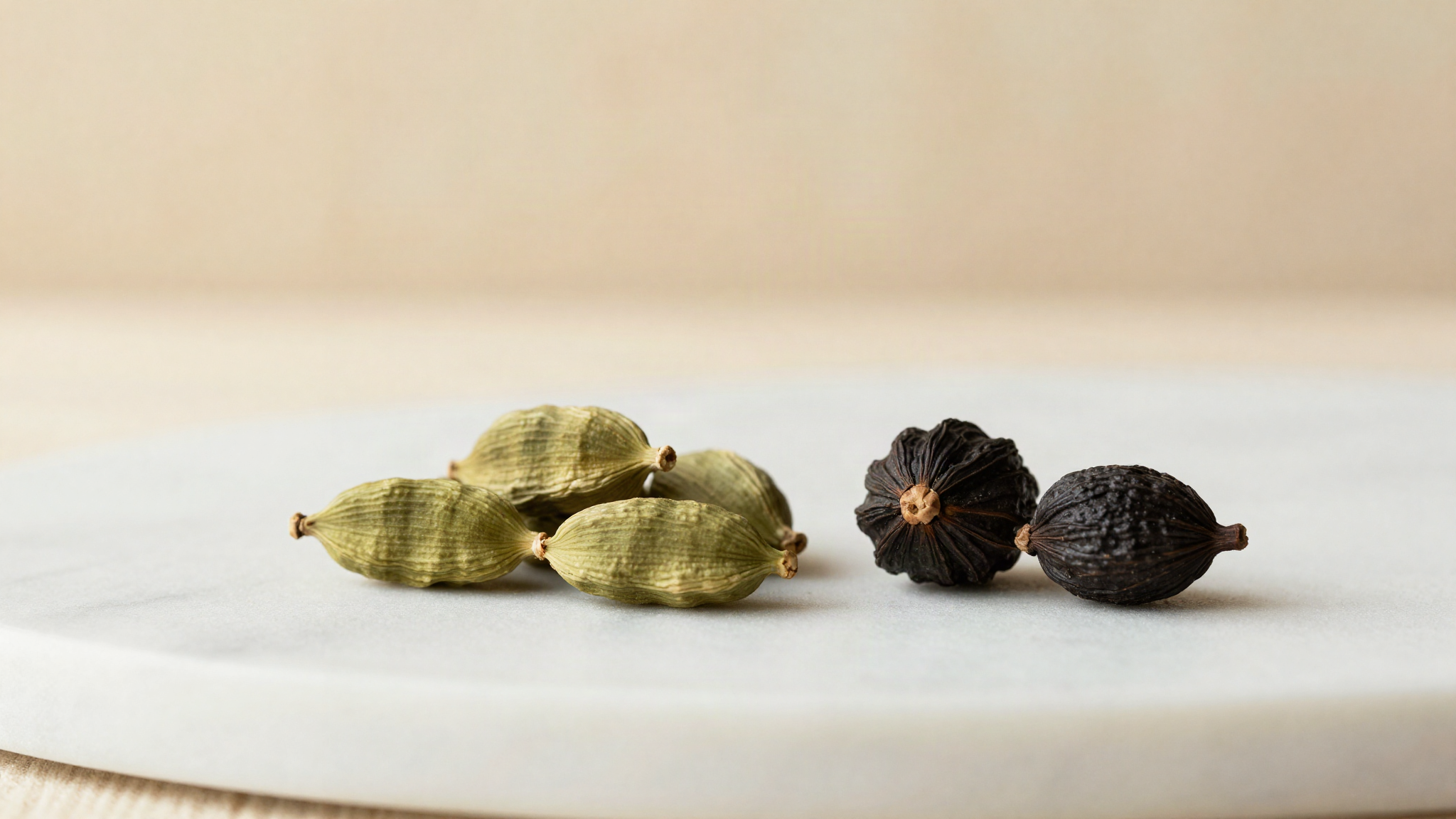 Green cardamom pods and black cardamom pods arranged side by side on a white marble surface