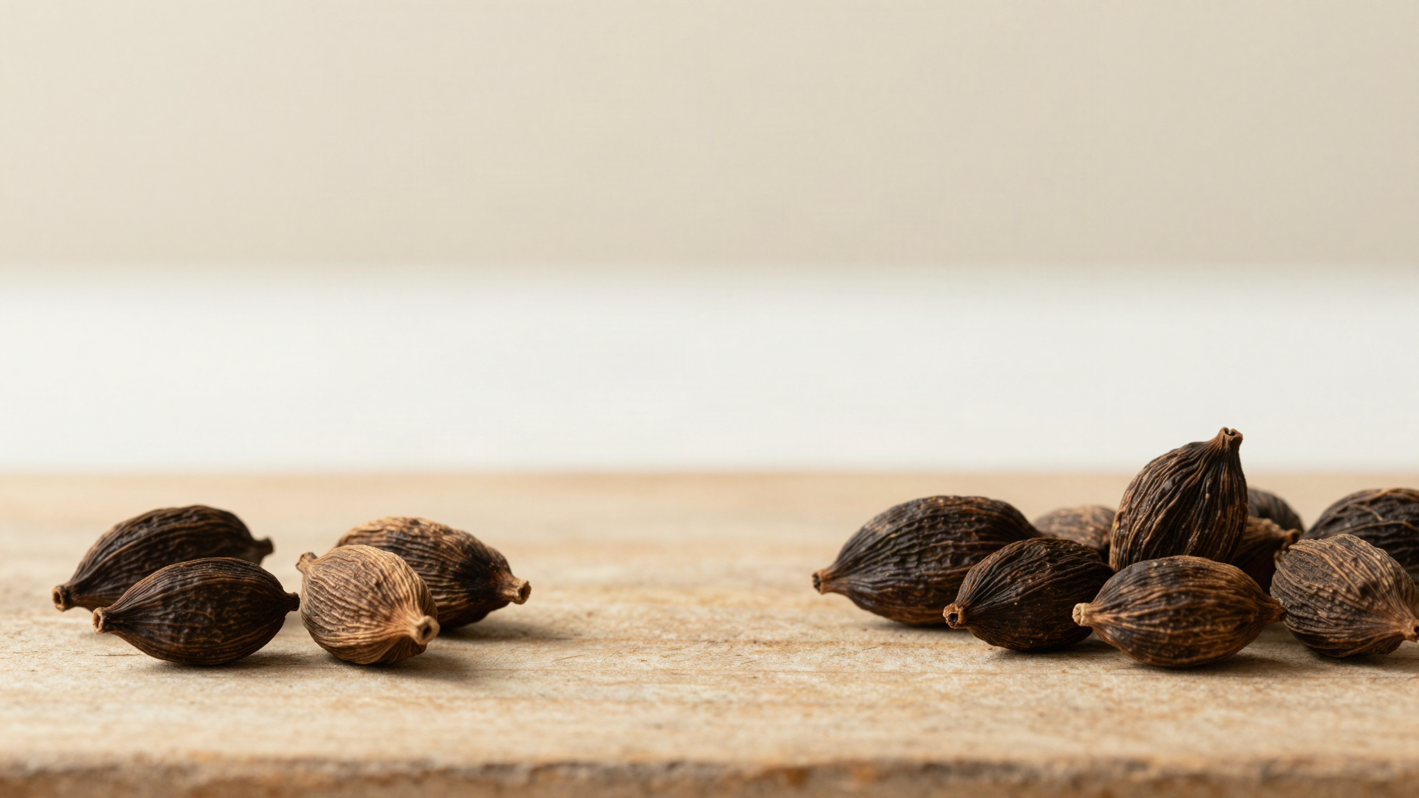 Large wrinkled dark brown black cardamom pods on aged wood in a smoky rustic still life
