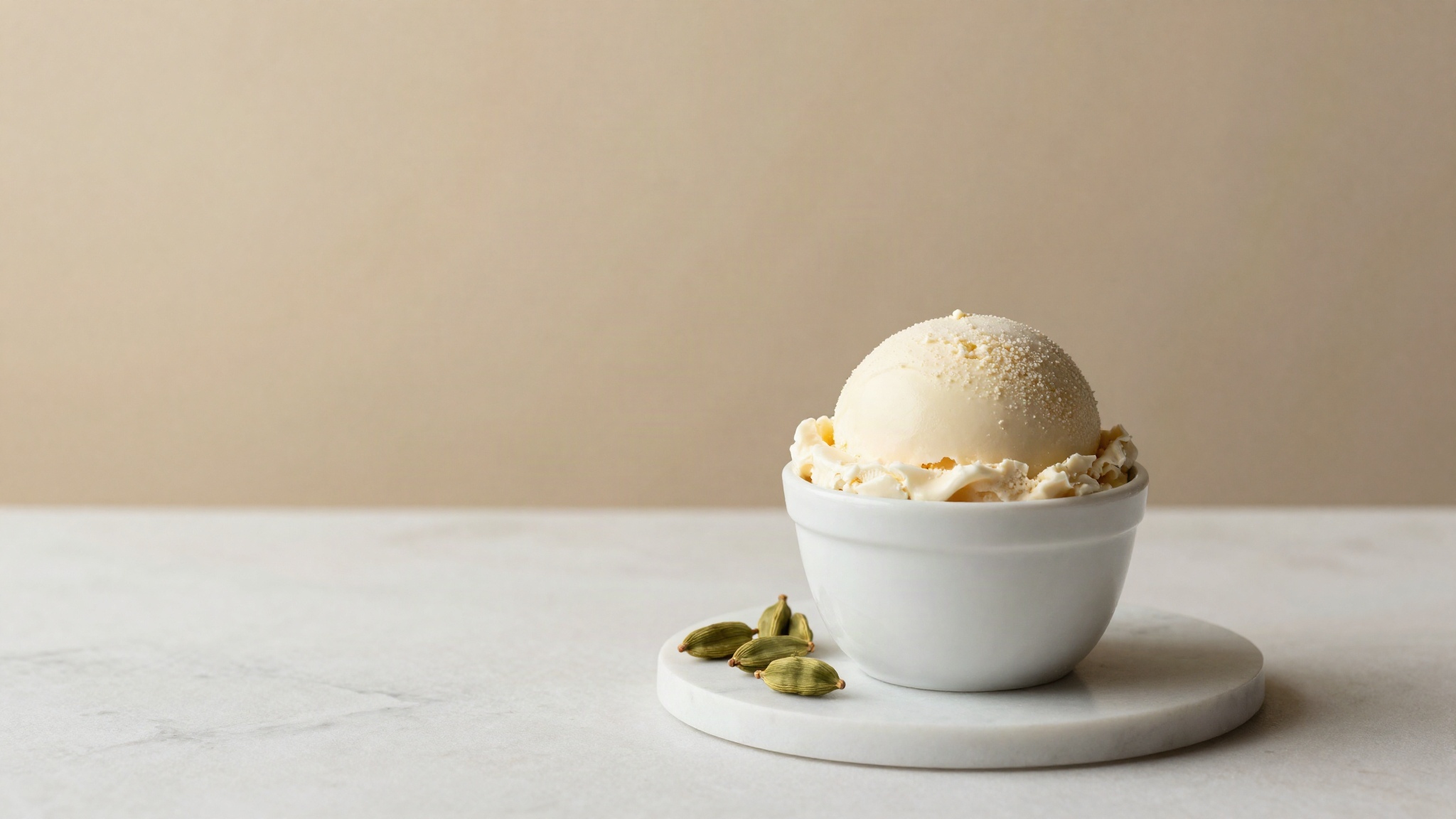 A scoop of pale ivory cardamom gelato in a small white ceramic cup with whole green pods beside it